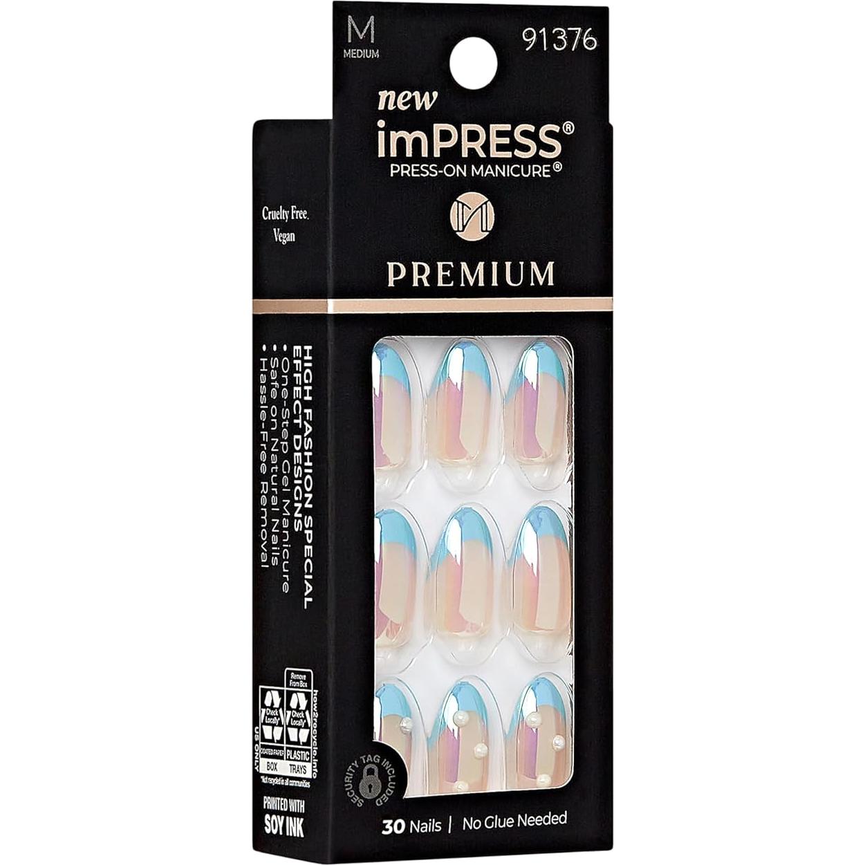 Uñas Postizas KISS imPRESS Premium Azul Almendrada 30 Uñas