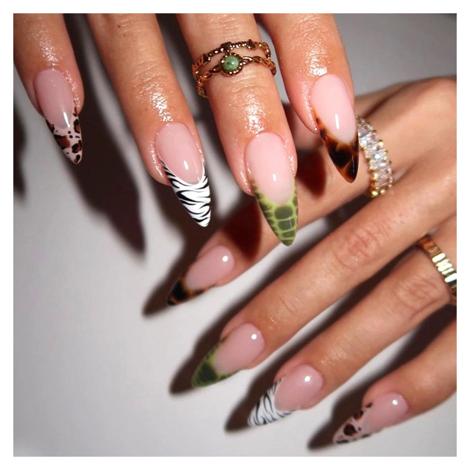 Uñas Postizas Largas GCSQW Punta Francesa Animal 24Pcs