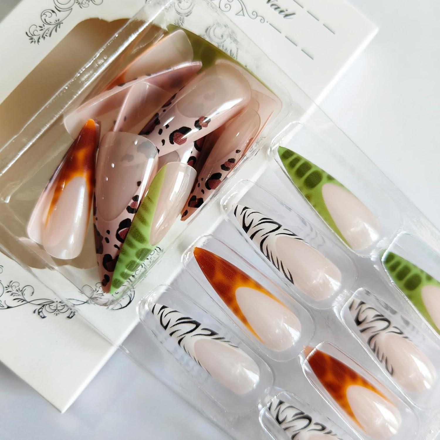 Uñas Postizas Largas GCSQW Punta Francesa Animal 24Pcs