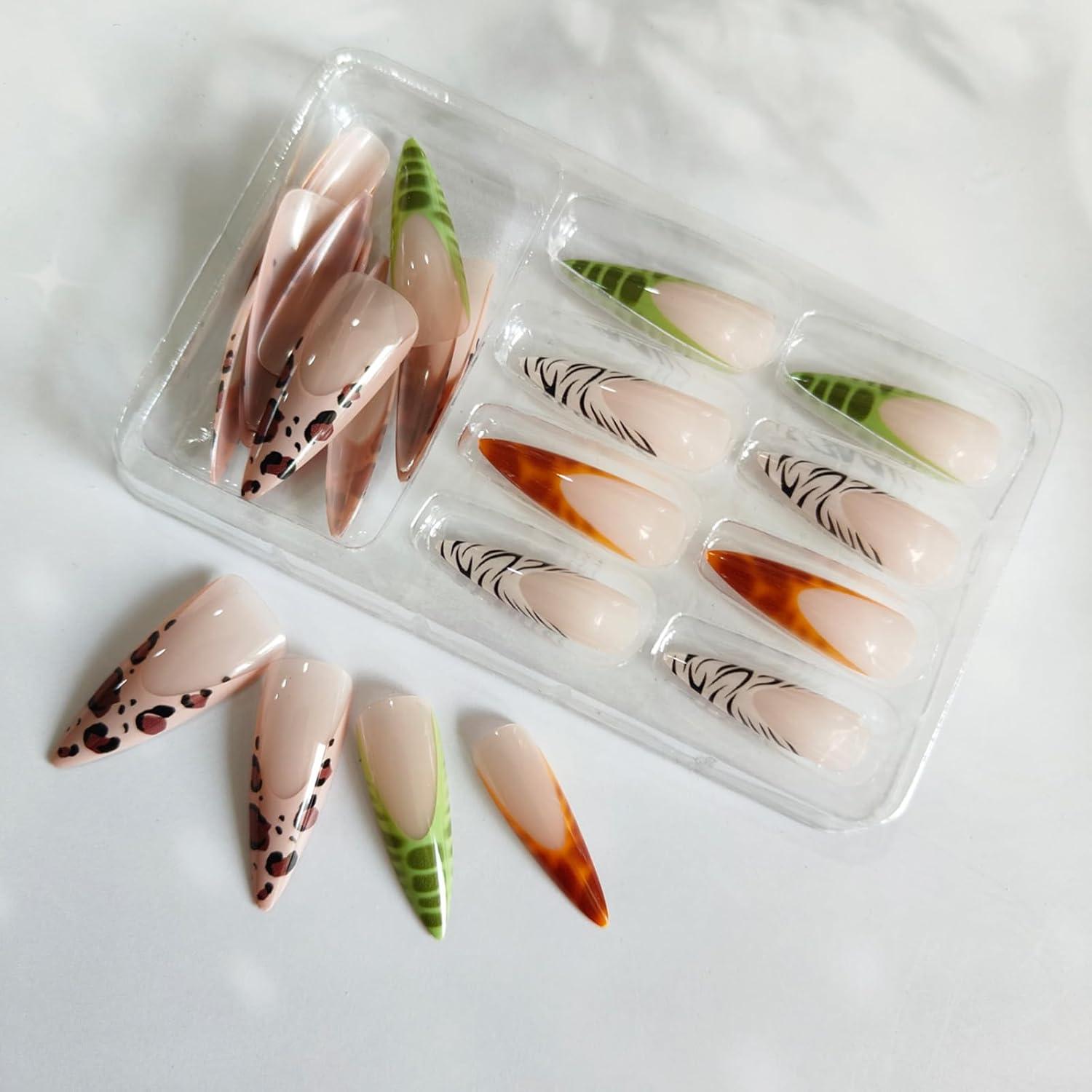 Uñas Postizas Largas GCSQW Punta Francesa Animal 24Pcs