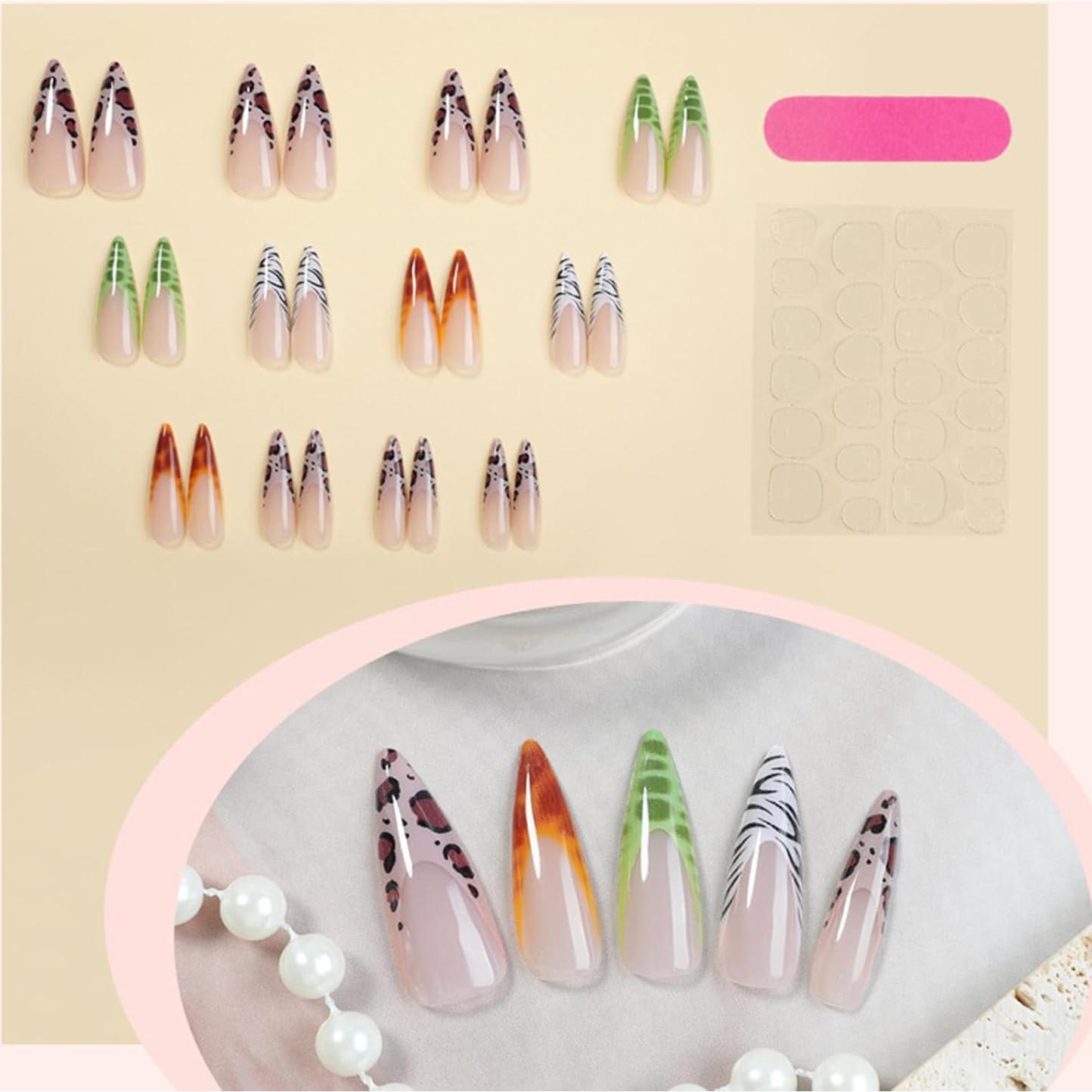 Uñas Postizas Largas GCSQW Punta Francesa Animal 24Pcs