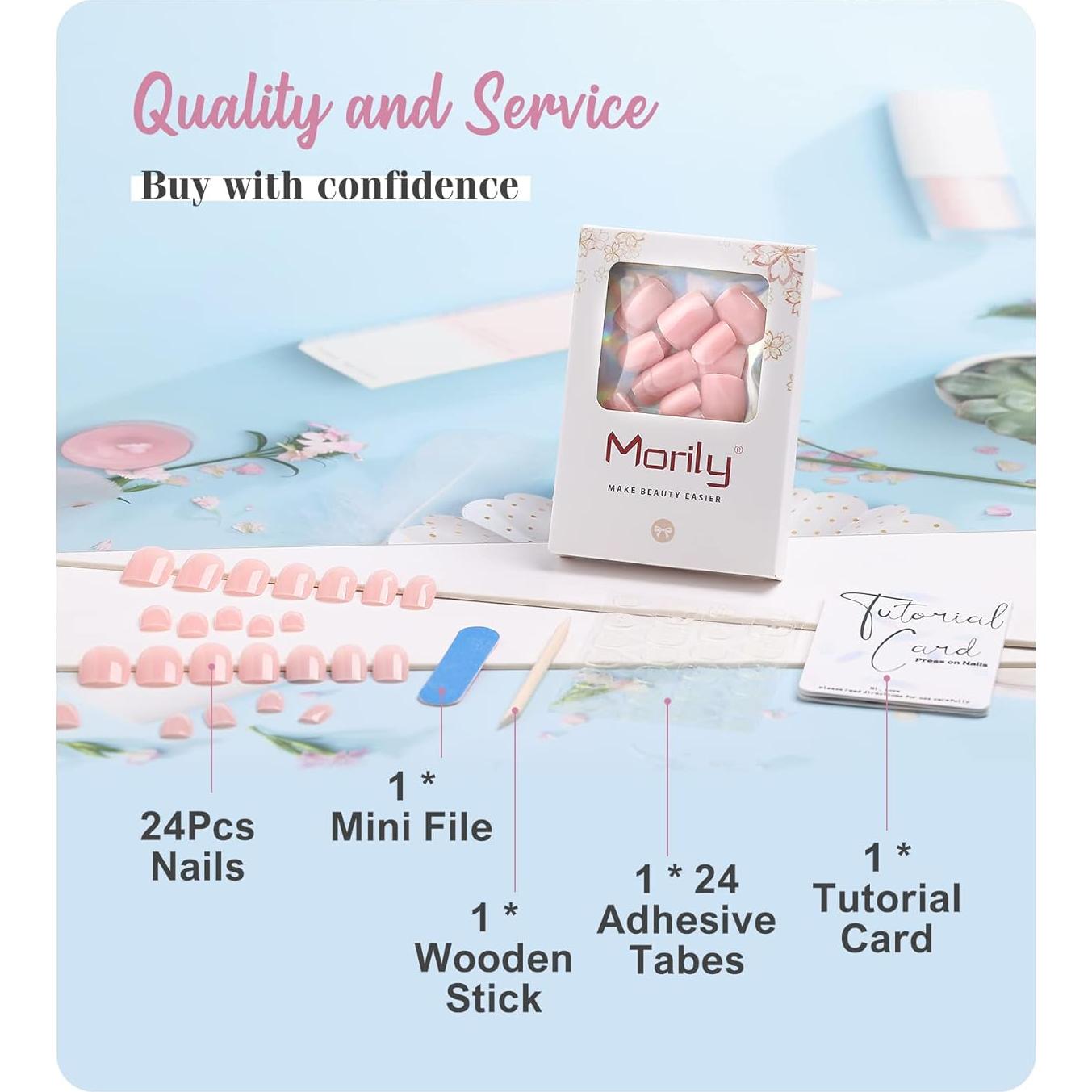 Uñas Postizas Cortas Morily Rosa Cuadradas - 24 Piezas Reutilizables