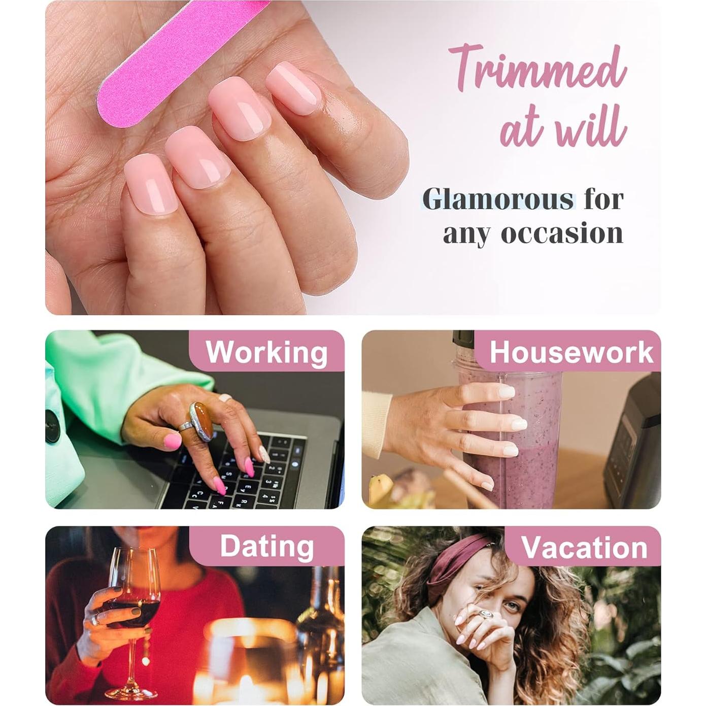 Uñas Postizas Cortas Morily Rosa Cuadradas - 24 Piezas Reutilizables