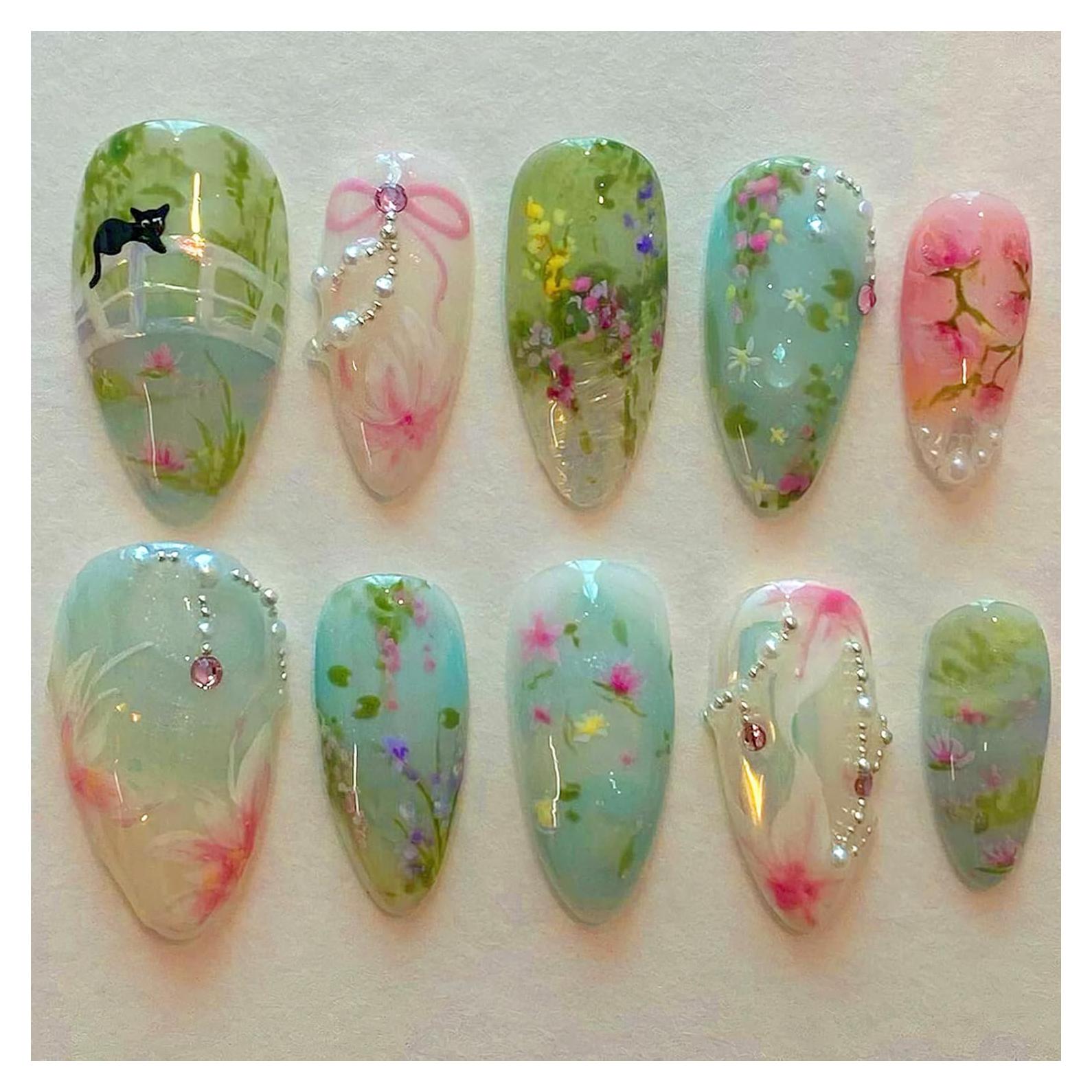 Uñas Postizas Almendra Media Jremg 24Pcs Diseño Floral