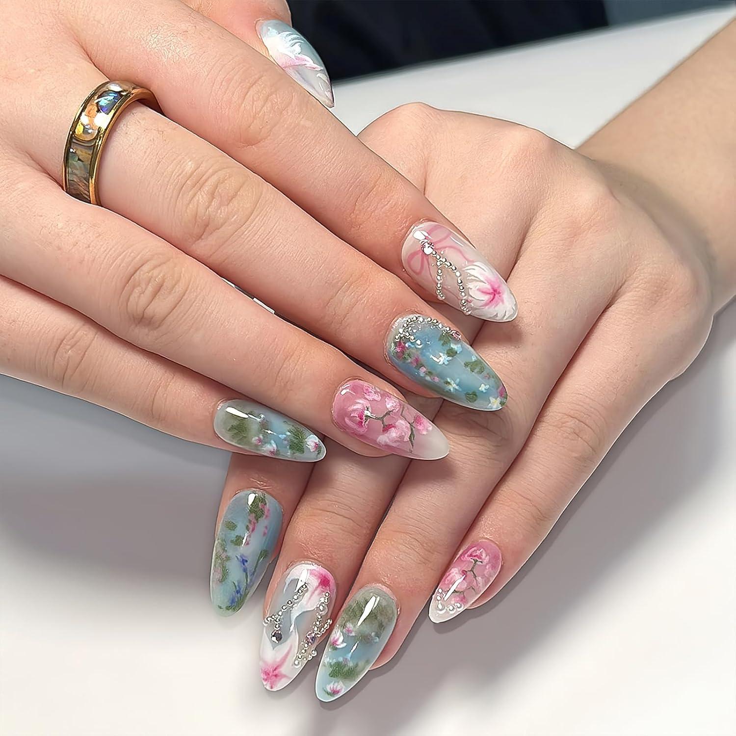 Uñas Postizas Almendra Media Jremg 24Pcs Diseño Floral