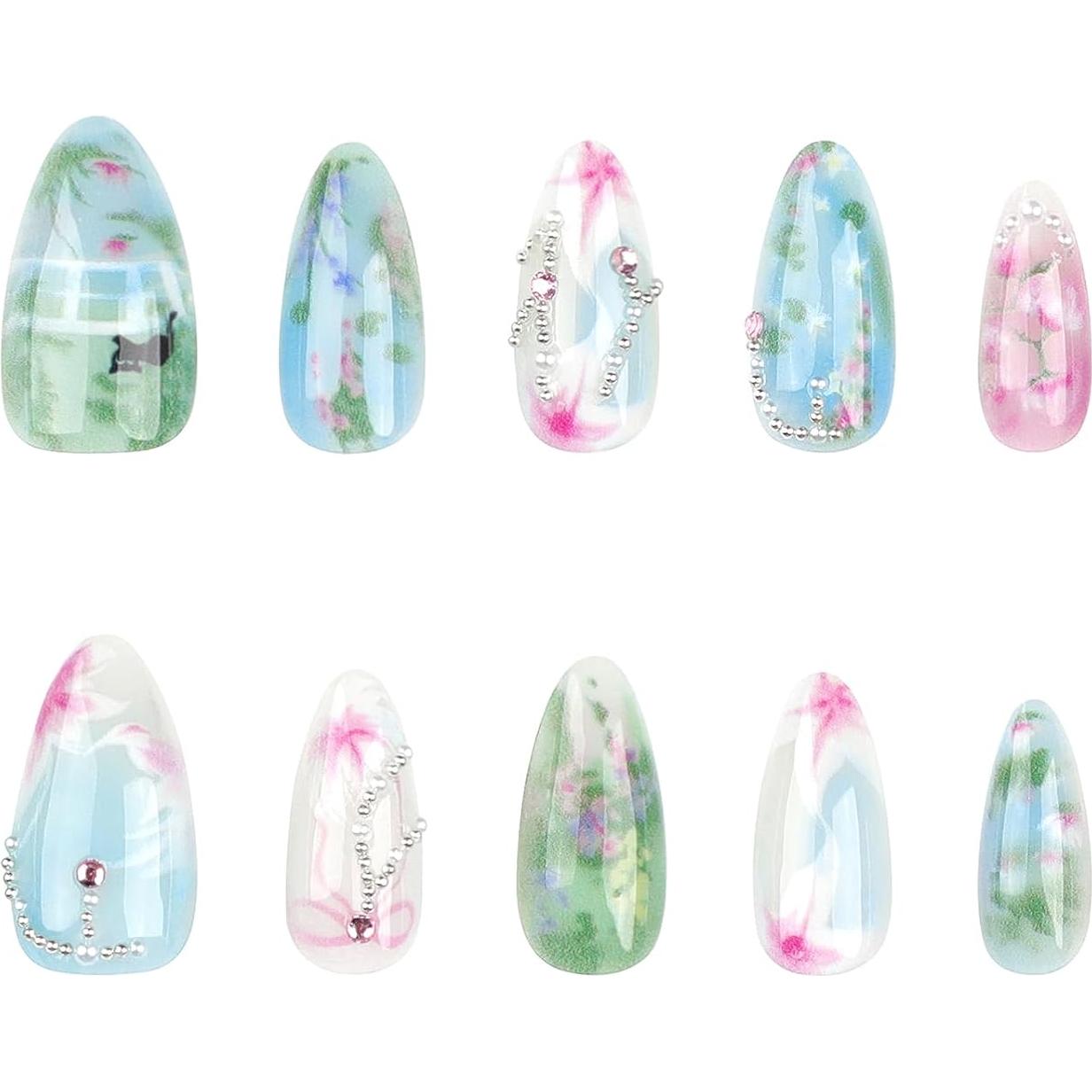 Uñas Postizas Almendra Media Jremg 24Pcs Diseño Floral