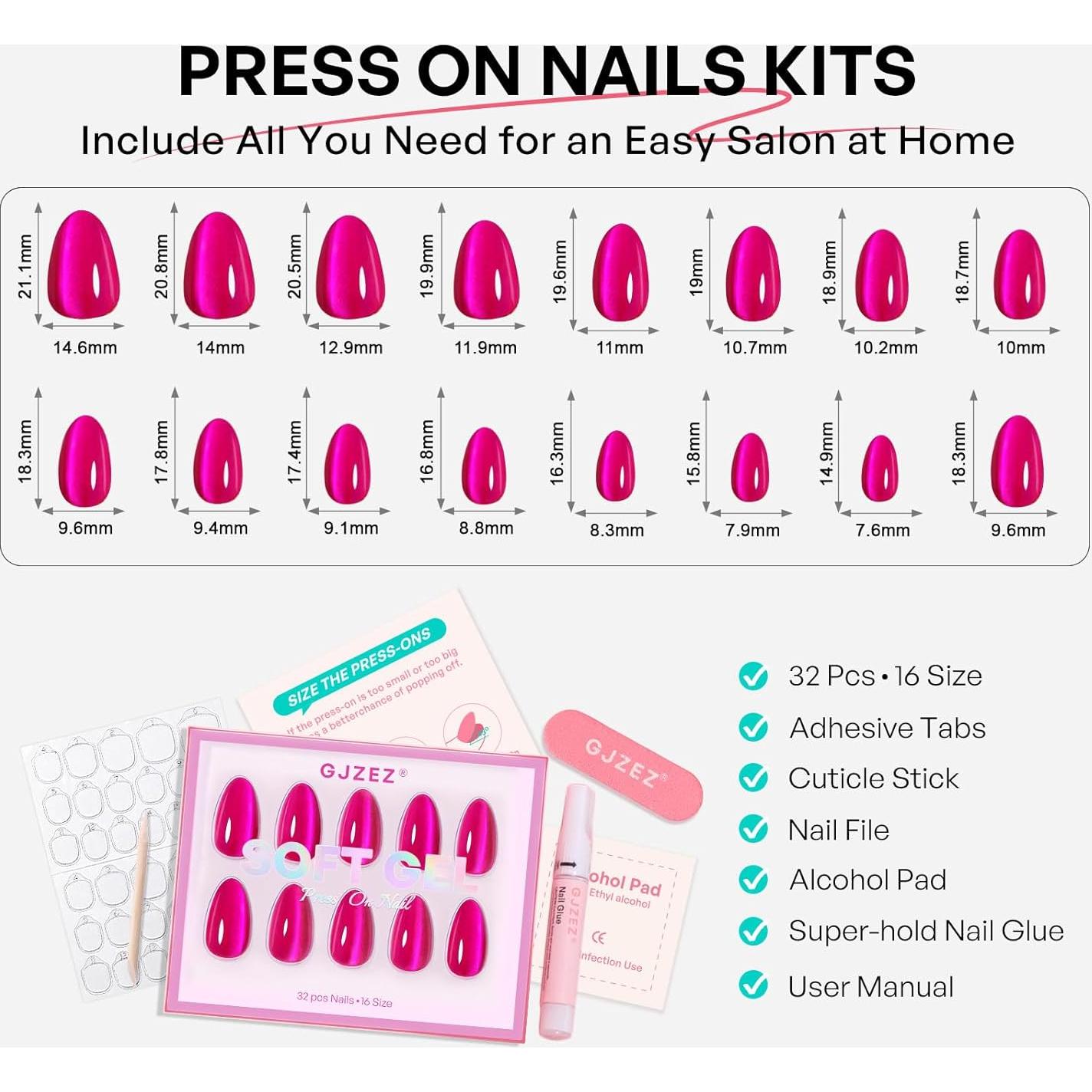 Uñas Postizas GJZEZ Ojo de Gato Rosa Fucsia 32 Piezas