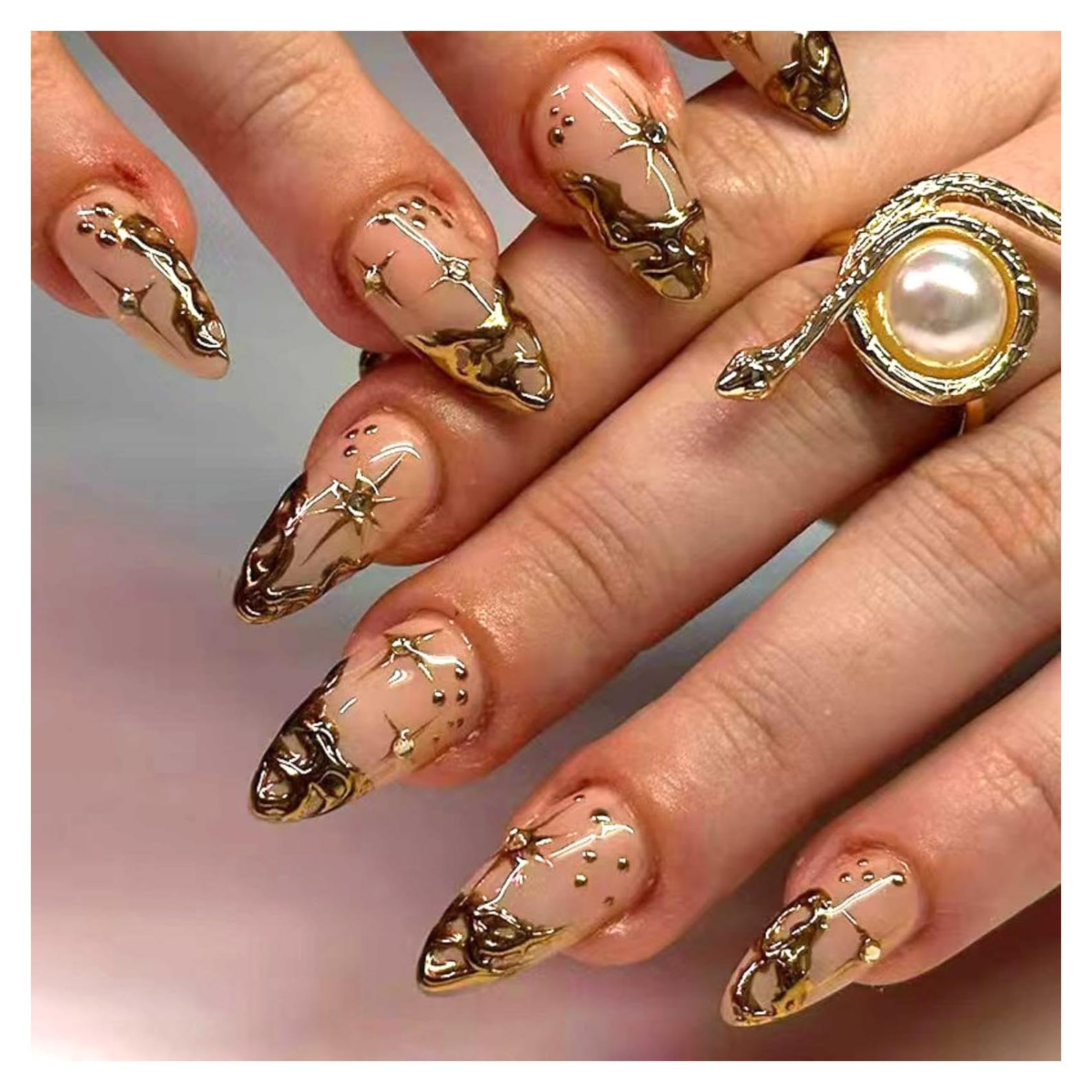 Uñas Postizas Cortas Almendra Doradas 24 Piezas ABS