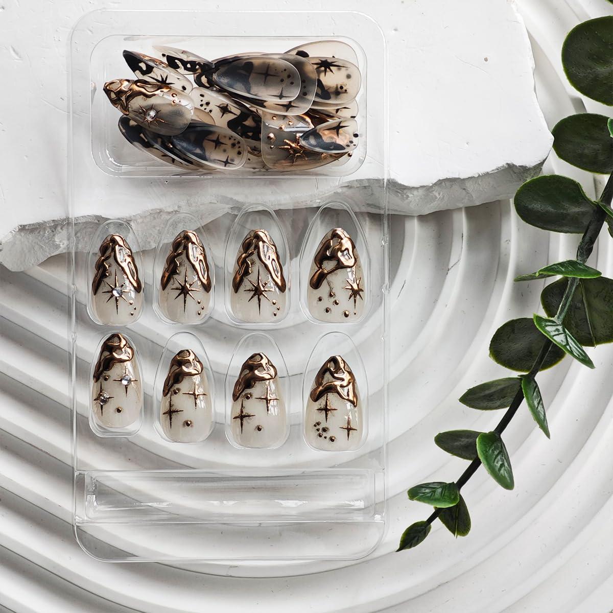 Uñas Postizas Cortas Almendra Doradas 24 Piezas ABS