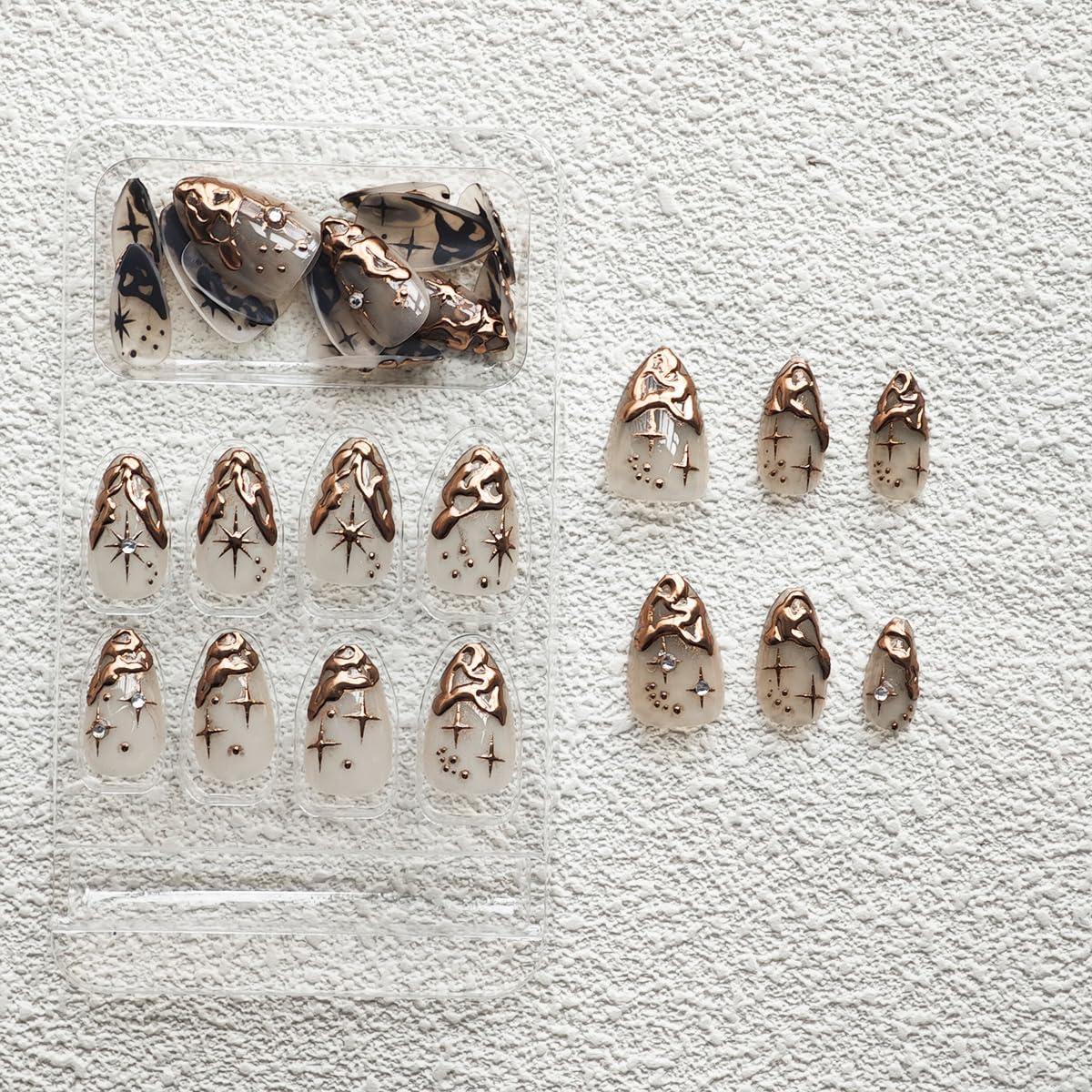 Uñas Postizas Cortas Almendra Doradas 24 Piezas ABS