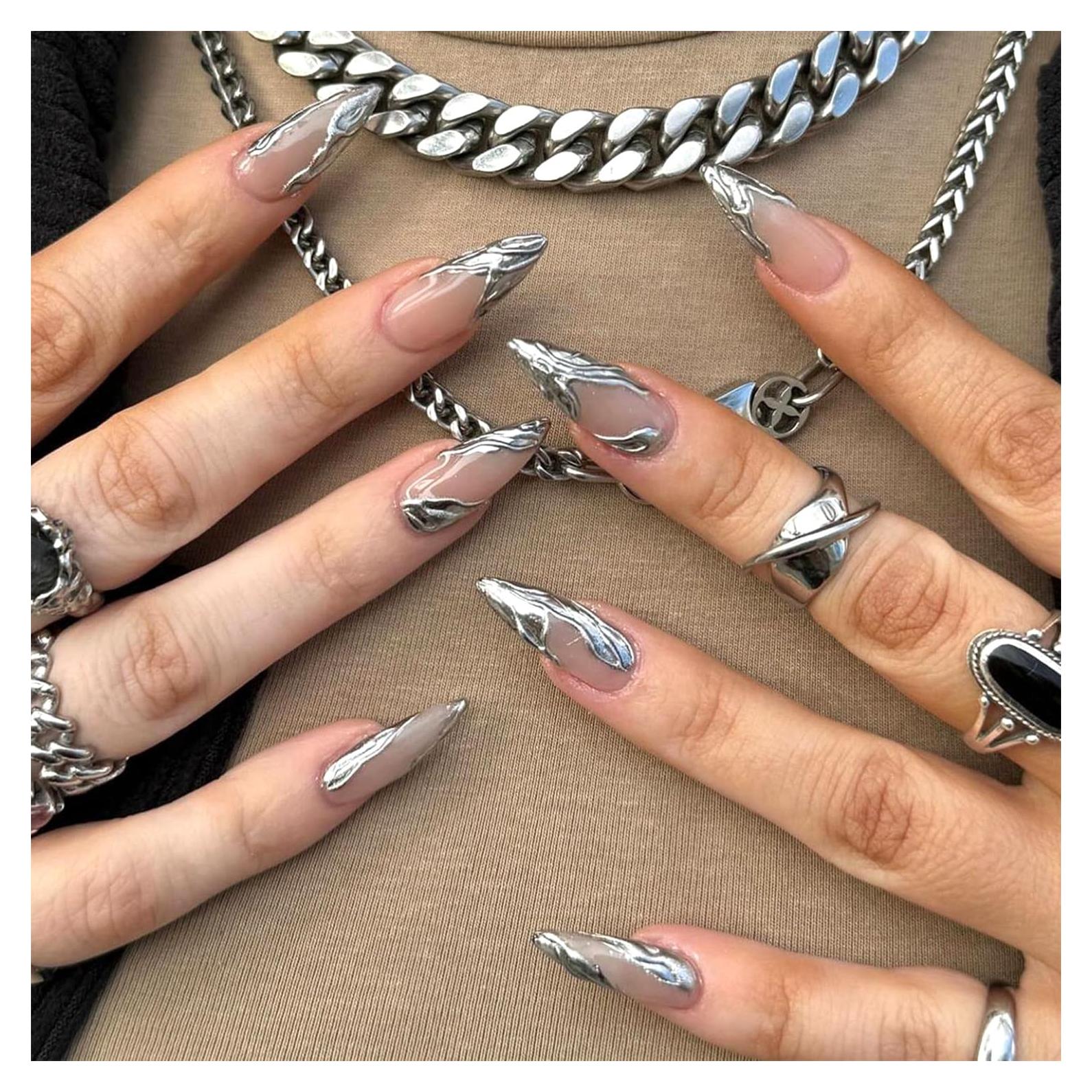 Uñas Falsas 3D Plata Francesa Vopintpy Medianas 24 Piezas