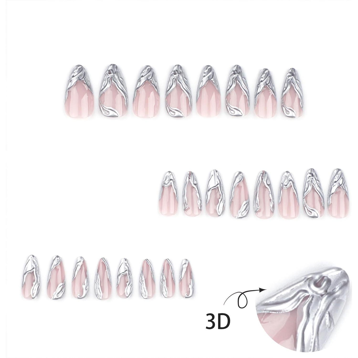 Uñas Falsas 3D Plata Francesa Vopintpy Medianas 24 Piezas