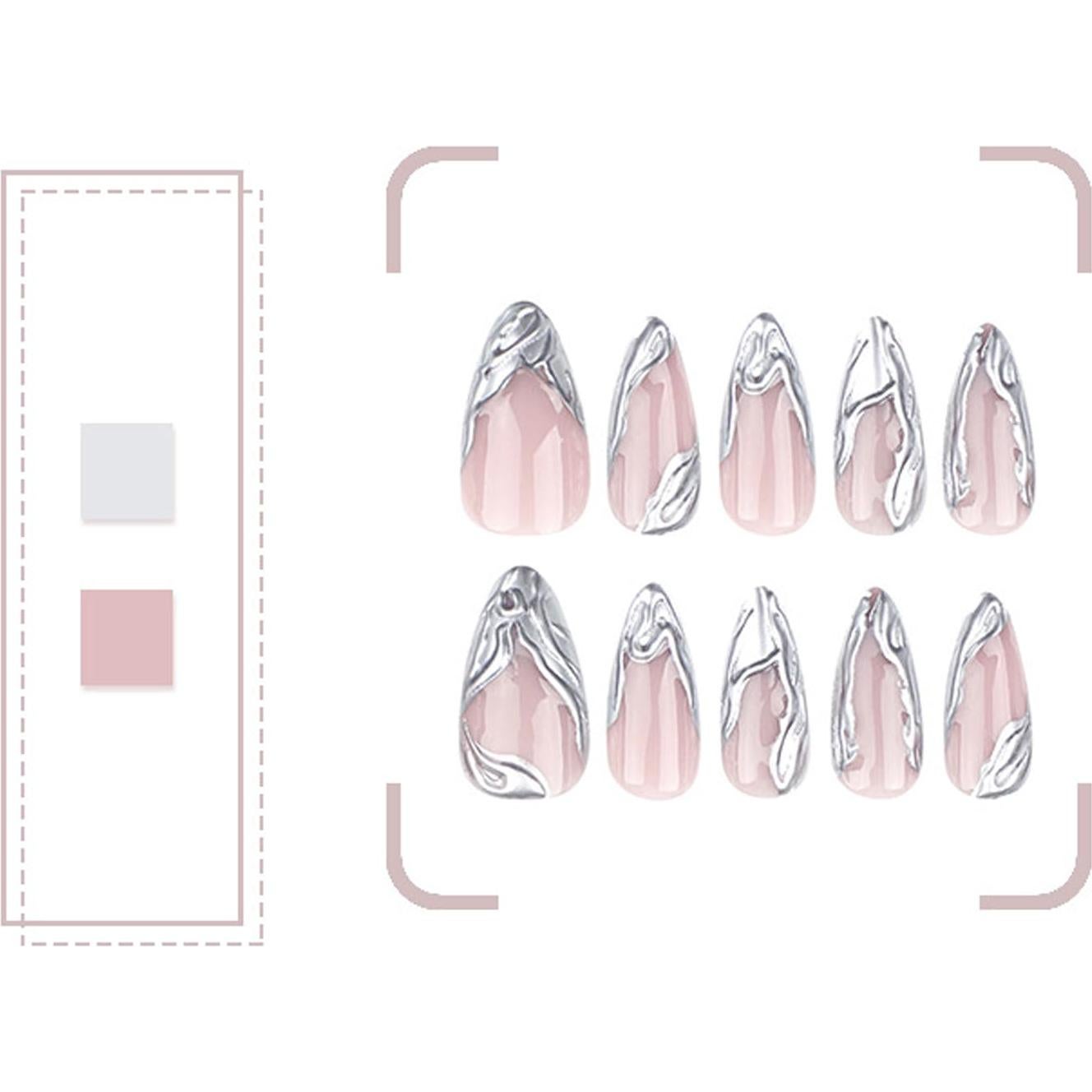 Uñas Falsas 3D Plata Francesa Vopintpy Medianas 24 Piezas