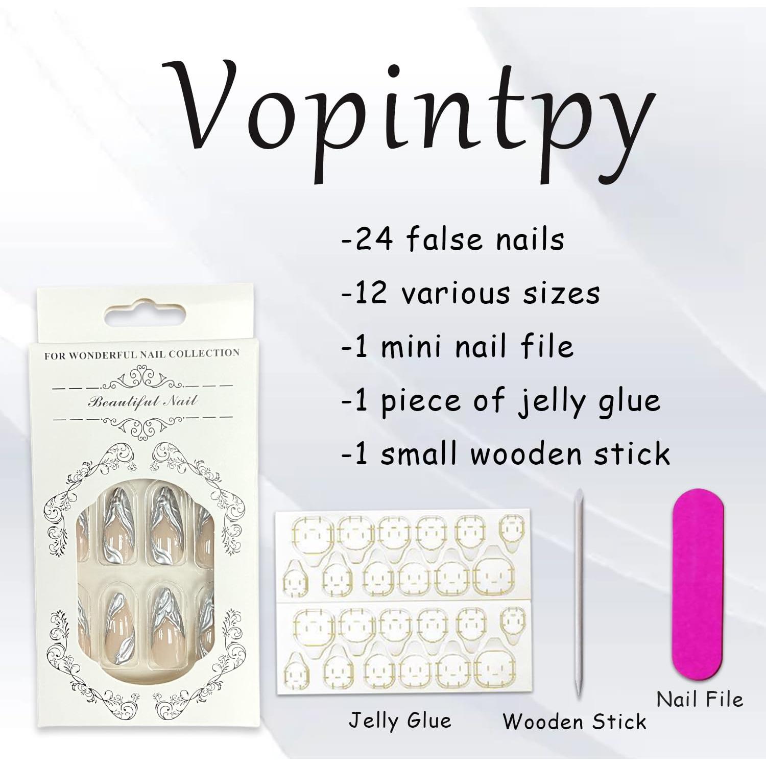 Uñas Falsas 3D Plata Francesa Vopintpy Medianas 24 Piezas