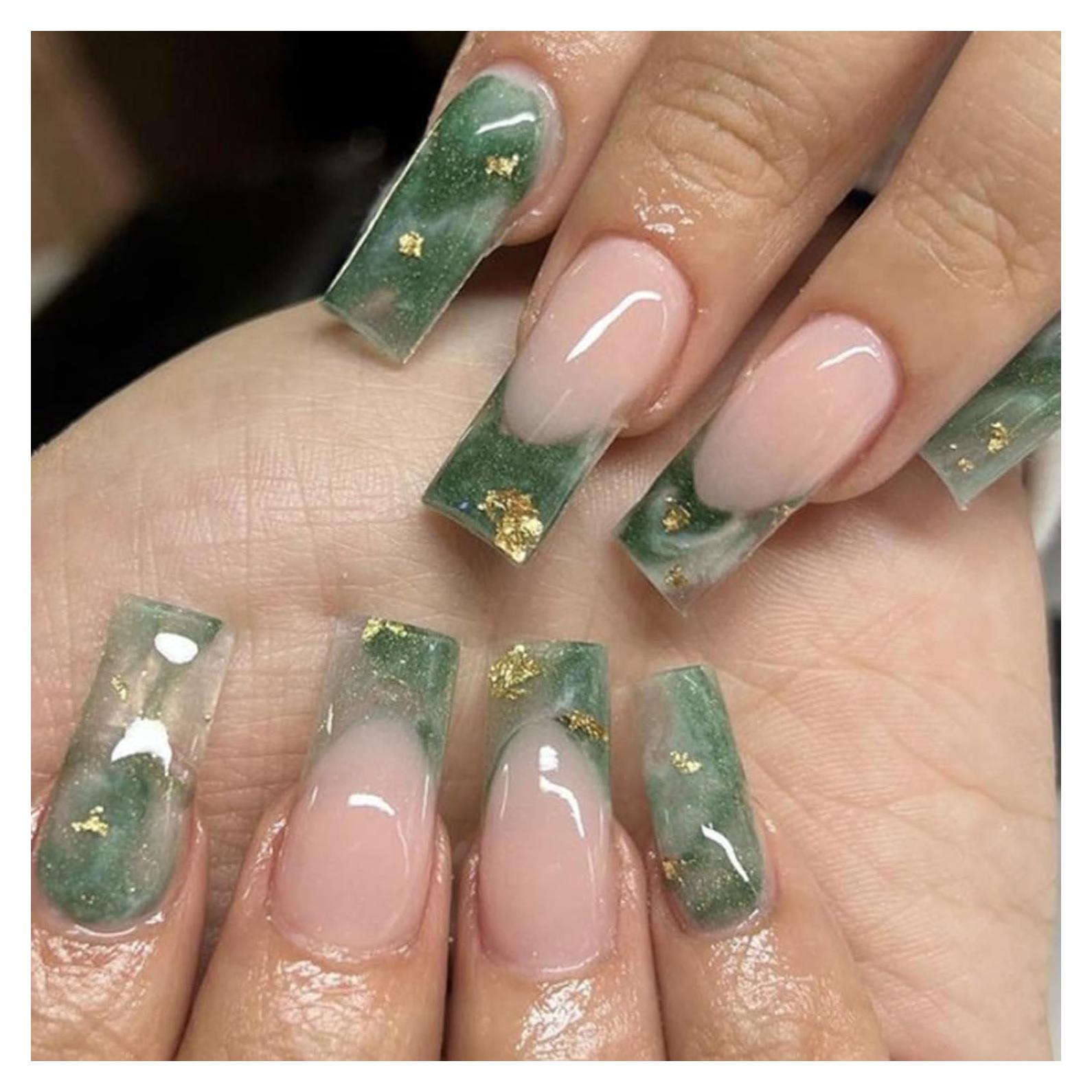 Uñas Postizas Francesas Verdes Hkanlre 24PCS ABS