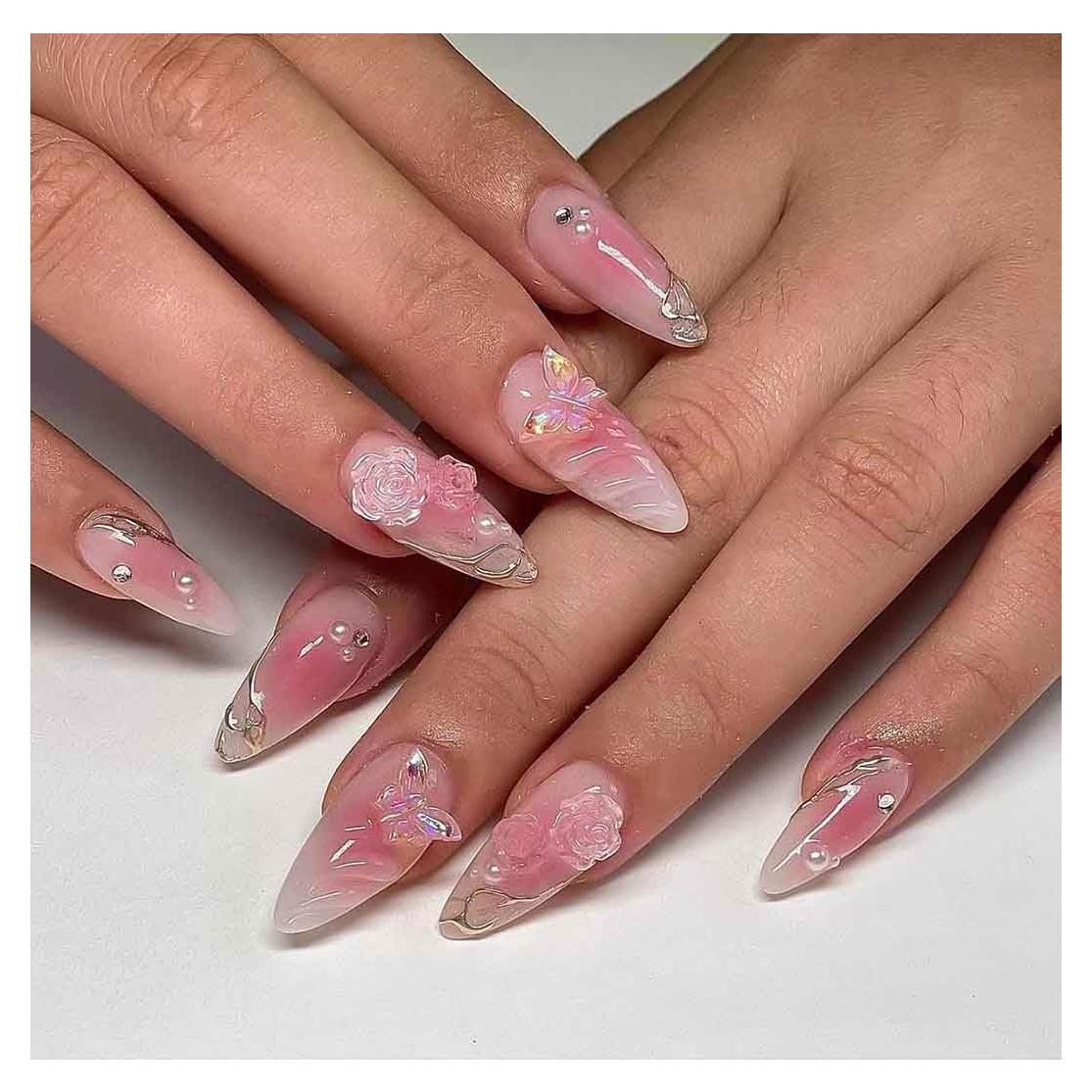 Uñas Postizas RikView Rosa Almendra 24 PCS Flores 3D