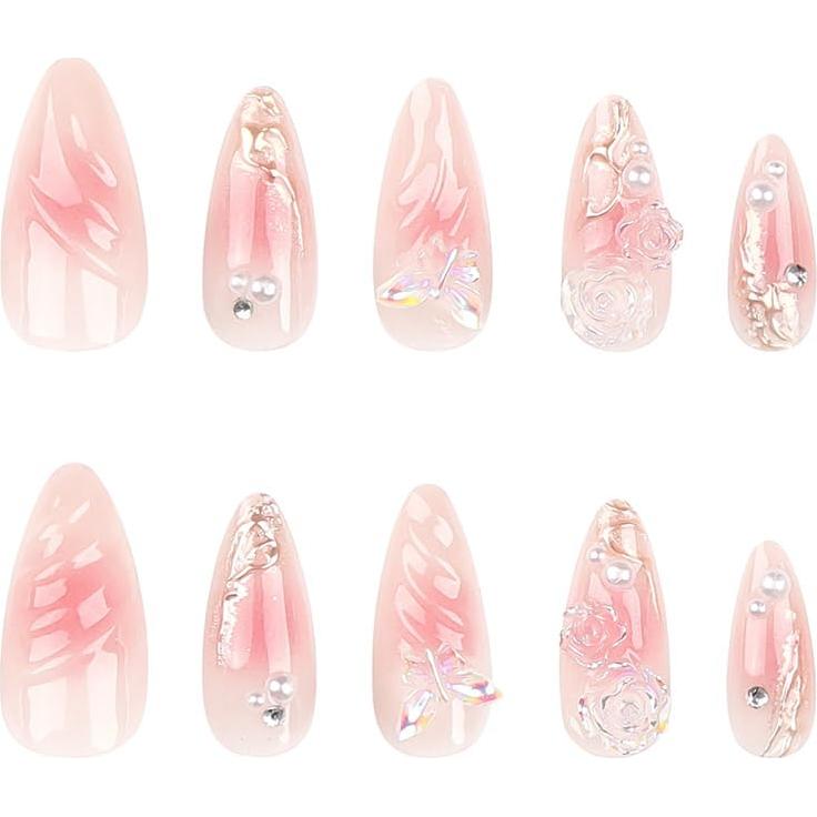 Uñas Postizas RikView Rosa Almendra 24 PCS Flores 3D