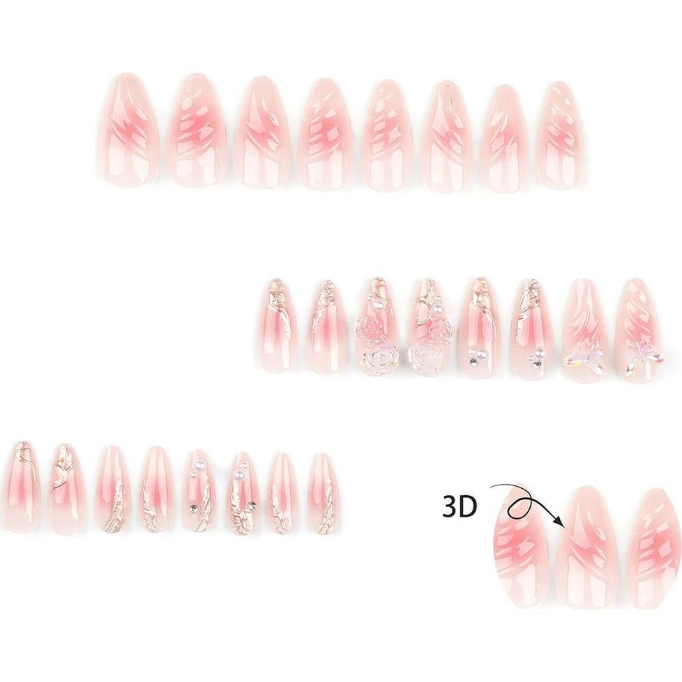 Uñas Postizas RikView Rosa Almendra 24 PCS Flores 3D