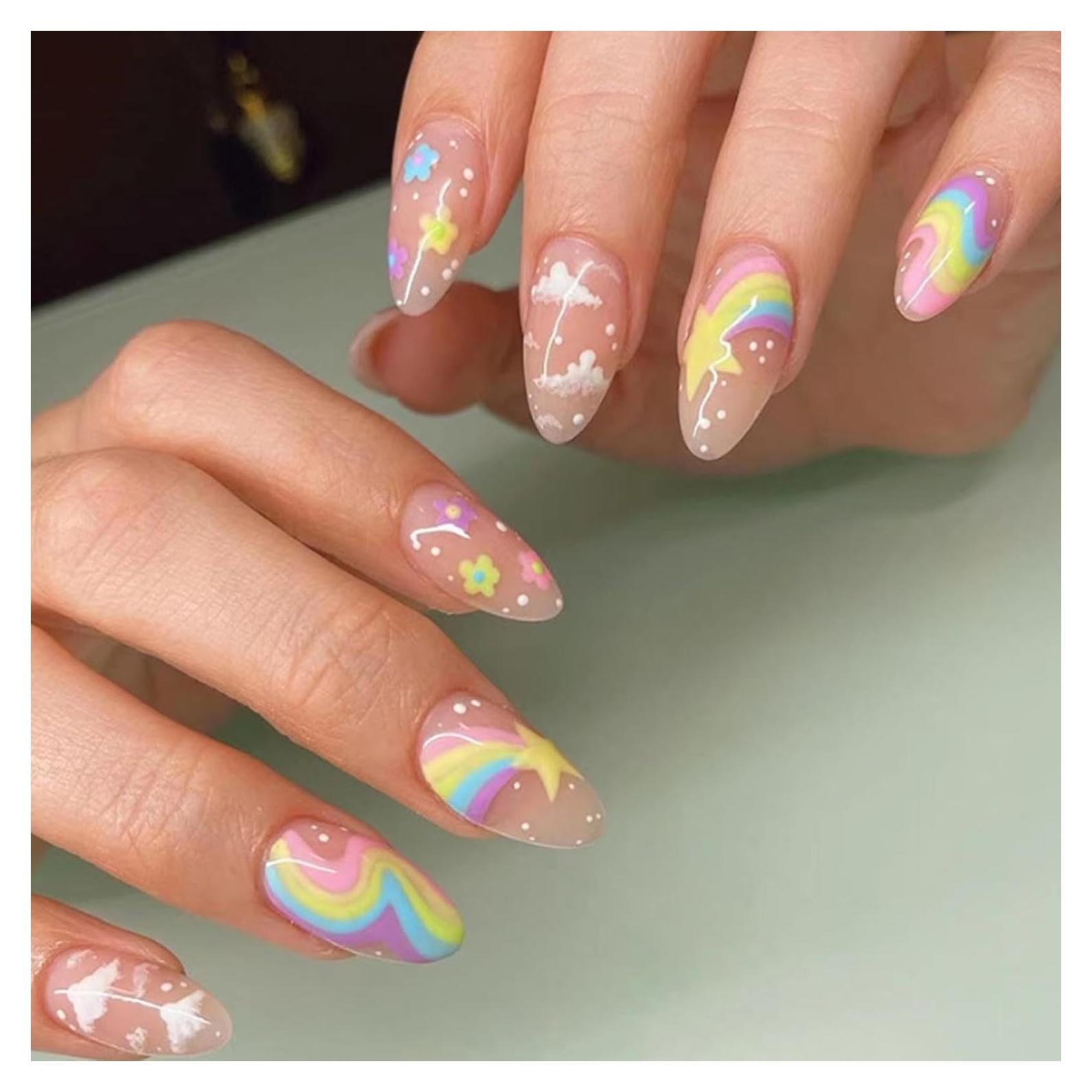 Uñas Postizas Acrílicas DANMANR 24PCS Medianas Arcoíris Nude