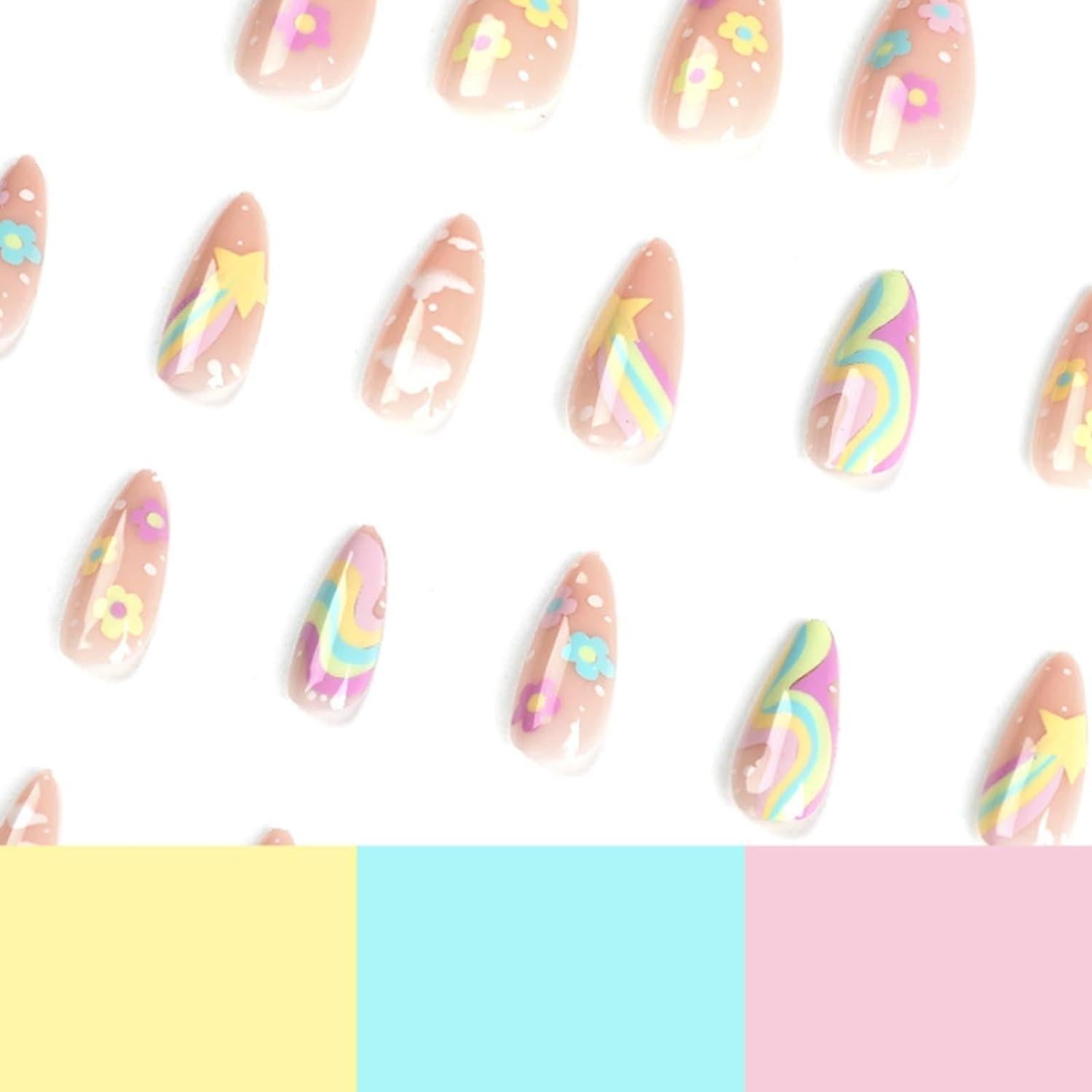 Uñas Postizas Acrílicas DANMANR 24PCS Medianas Arcoíris Nude