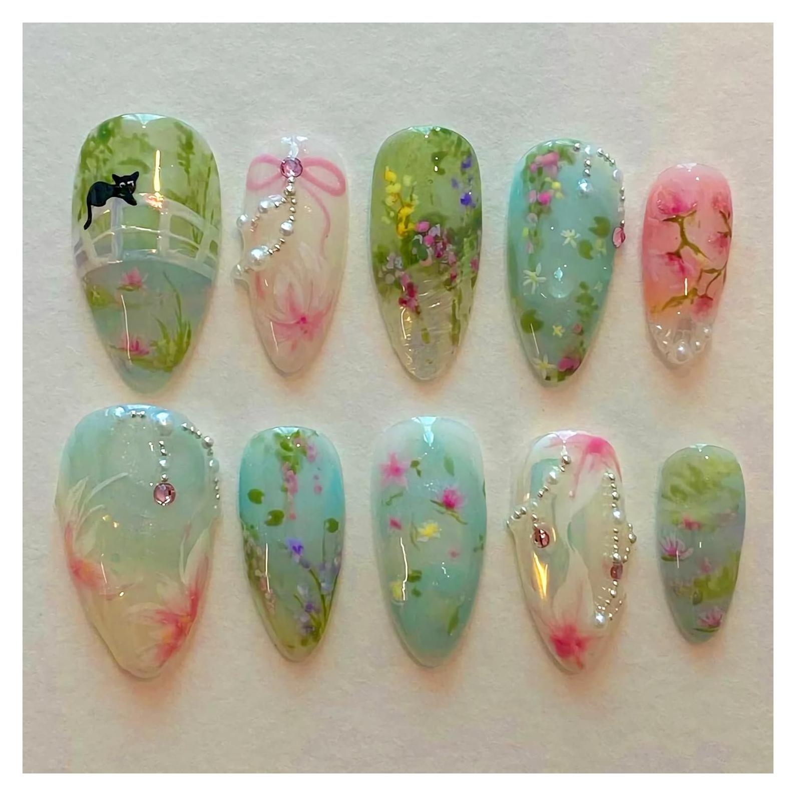 Uñas Postizas Almendra Medianas BABALAL 24 Piezas Diseño Gato