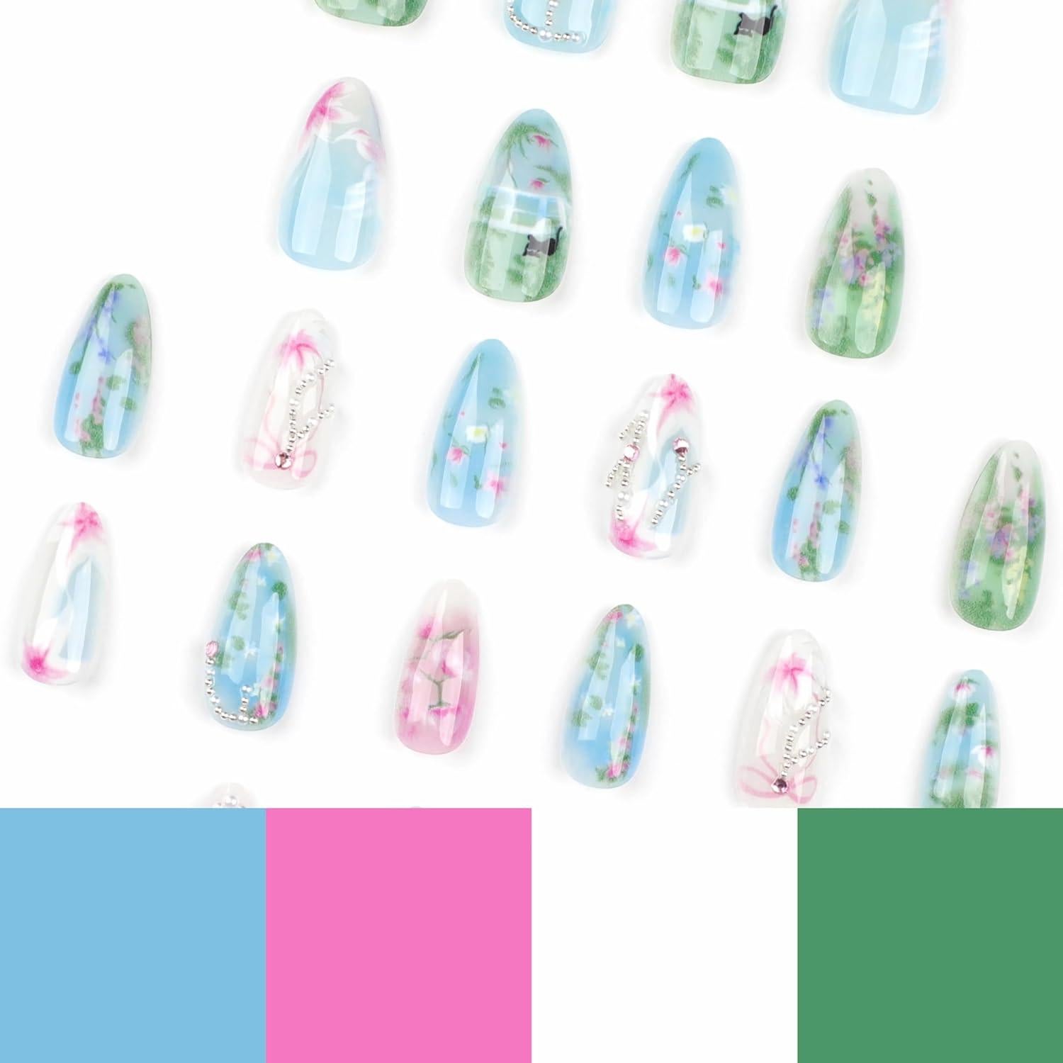 Uñas Postizas Almendra Medianas BABALAL 24 Piezas Diseño Gato