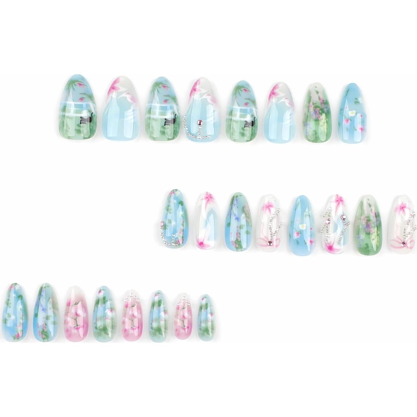 Uñas Postizas Almendra Medianas BABALAL 24 Piezas Diseño Gato