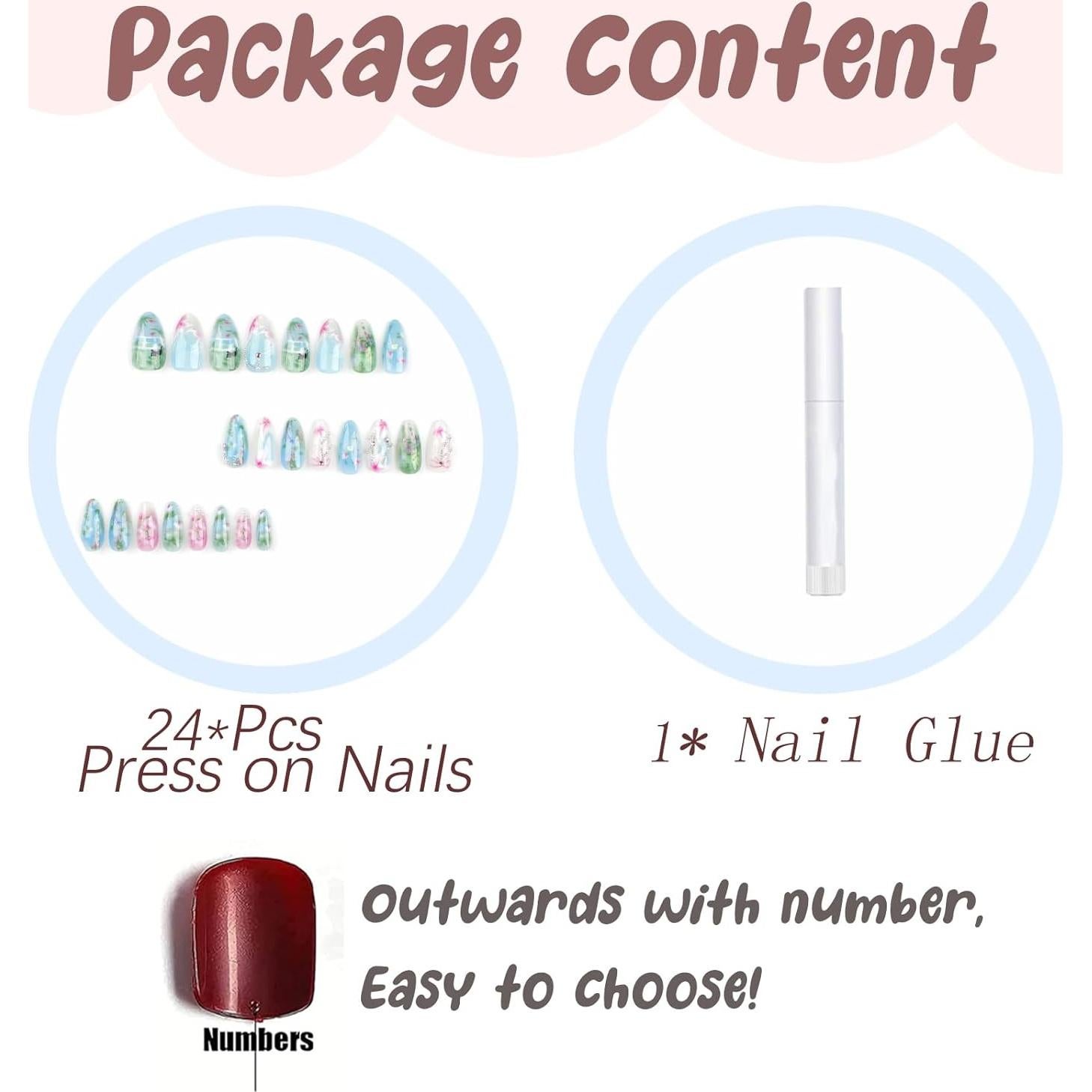 Uñas Postizas Almendra Medianas BABALAL 24 Piezas Diseño Gato