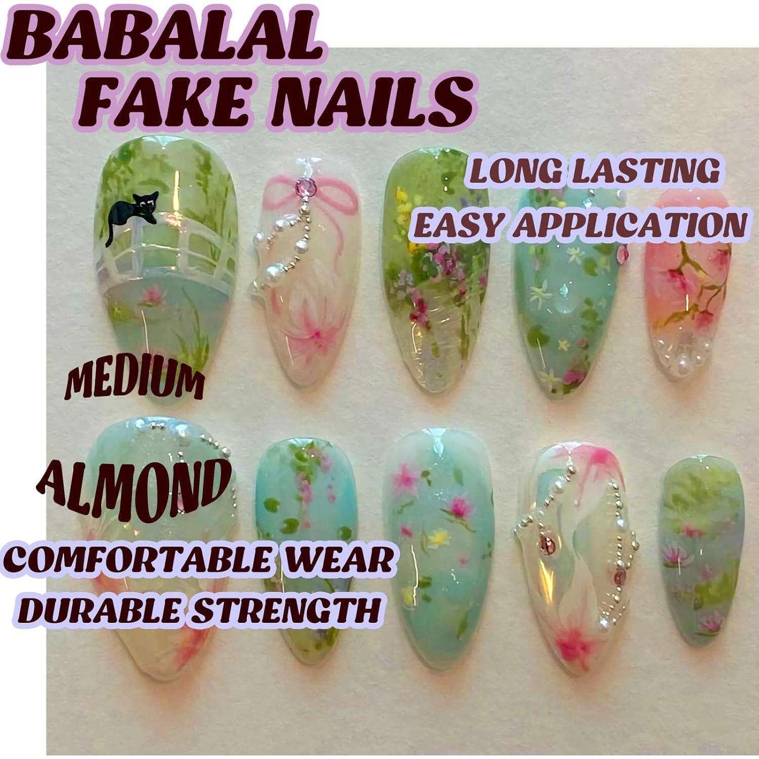 Uñas Postizas Almendra Medianas BABALAL 24 Piezas Diseño Gato