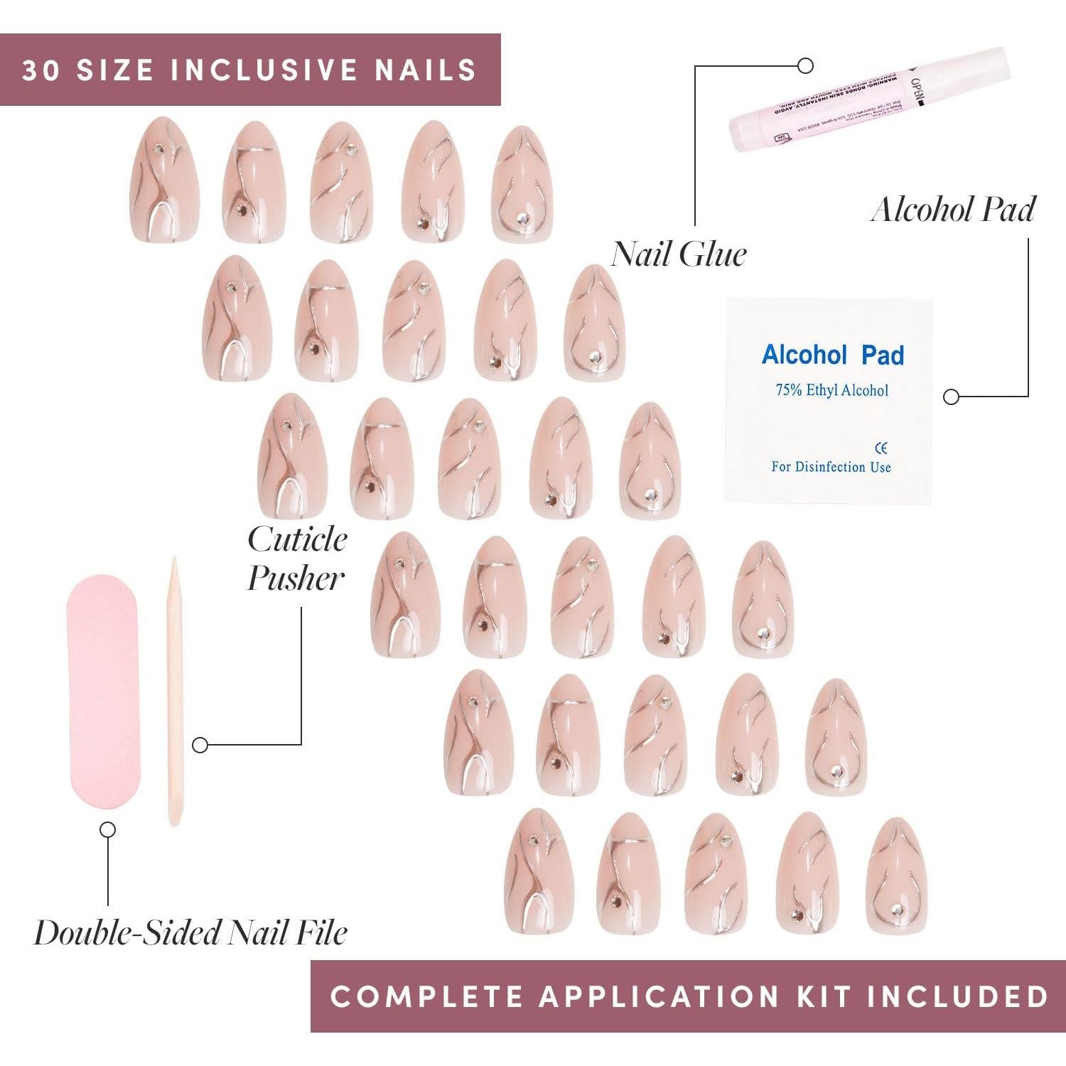 Glamnetic Uñas Postizas Cortas Almendra Astro 3D - Kit 30 Uñas