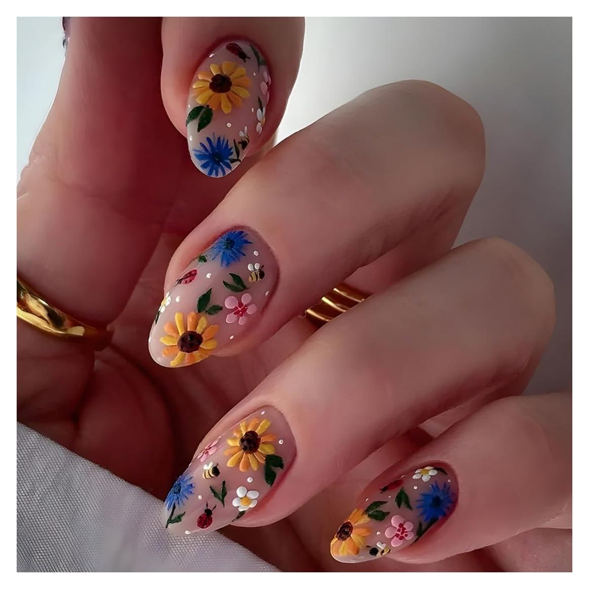 Uñas Acrílicas Cortas Almendra Flores 3D YOLEZI 24 Pcs
