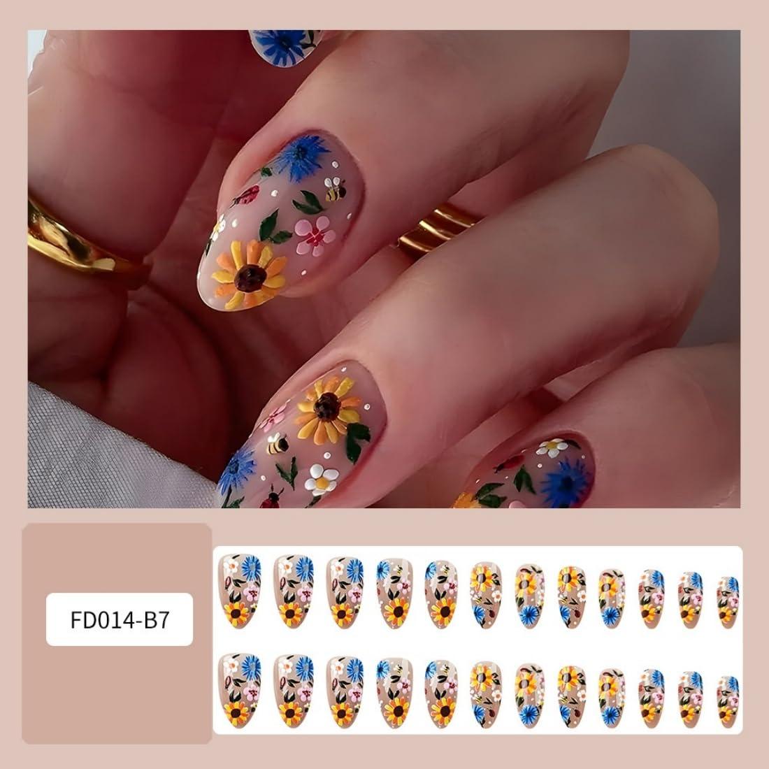 Uñas Acrílicas Cortas Almendra Flores 3D YOLEZI 24 Pcs