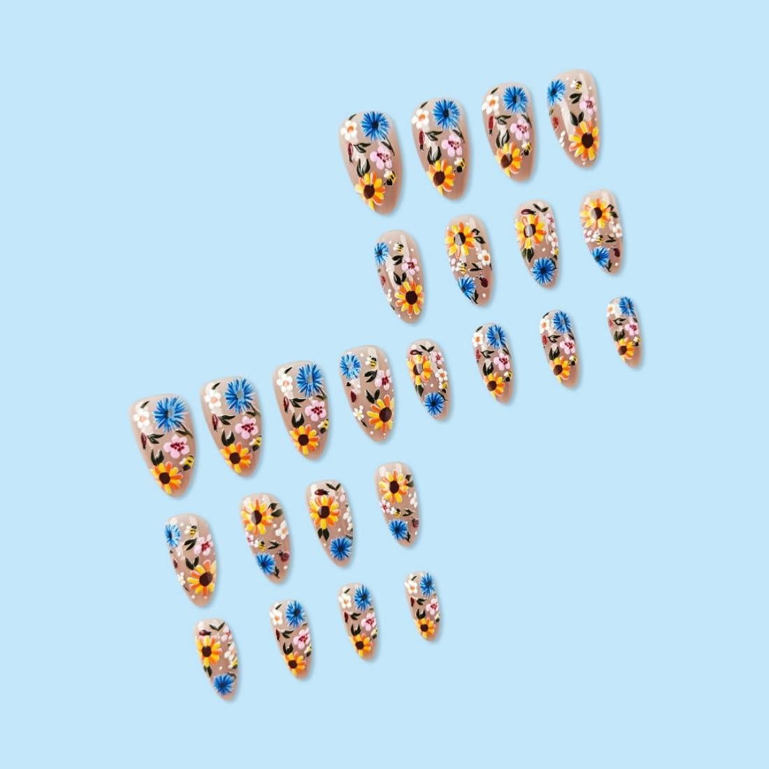 Uñas Acrílicas Cortas Almendra Flores 3D YOLEZI 24 Pcs