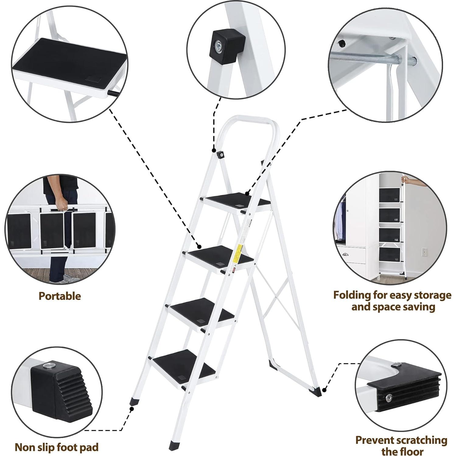 Escalera Plegable JungleA de 4 Peldaños Blanca 149 kg
