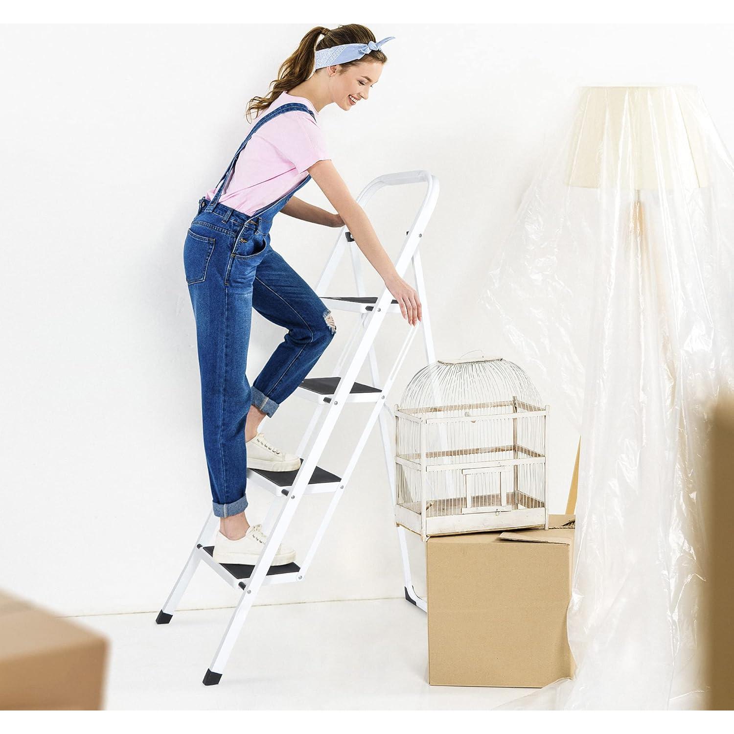 Escalera Plegable JungleA de 4 Peldaños Blanca 149 kg