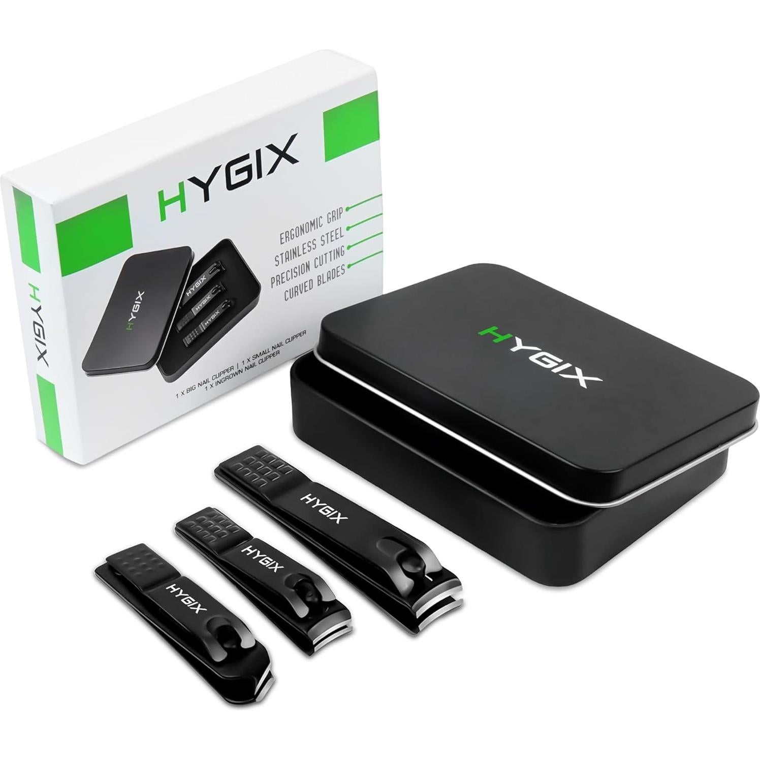 Juego de Cortauñas HYGIX en Estuche de Aluminio Negro - Acero Inoxidable