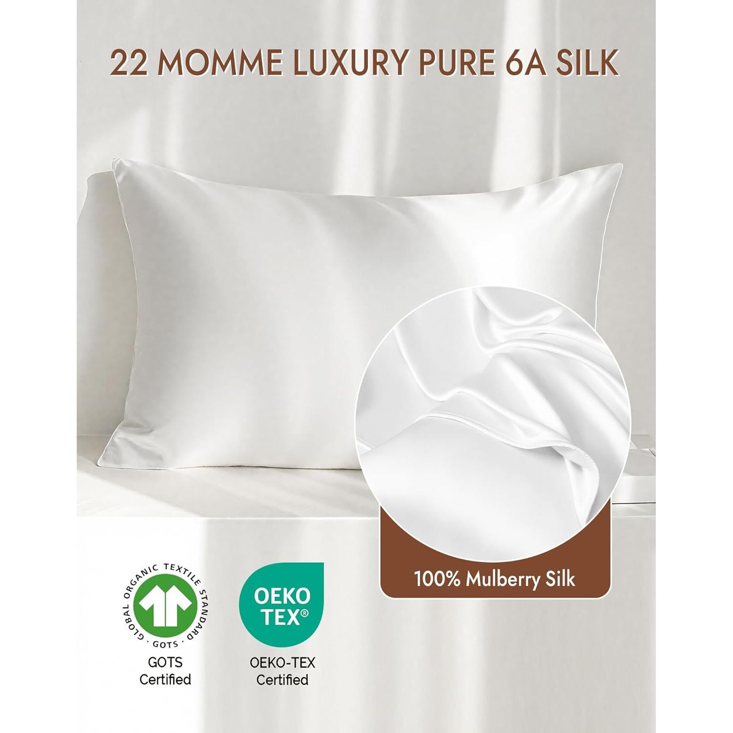 Funda de Almohada de Seda 100% Morera SilkSilky Estándar Blanca