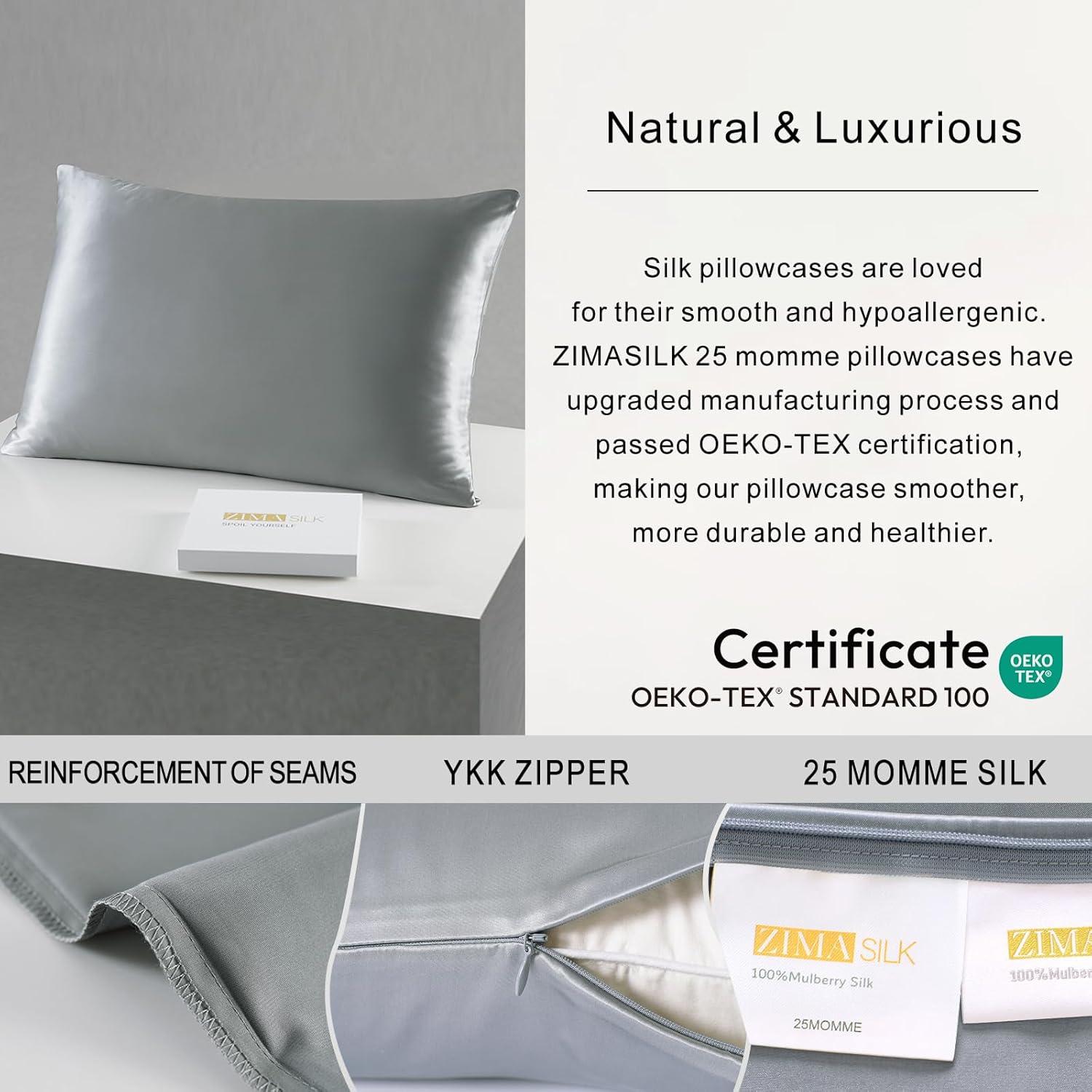 Funda de Almohada de Seda ZIMASILK 25 Momme 100% Morera Gris 50.8x66cm