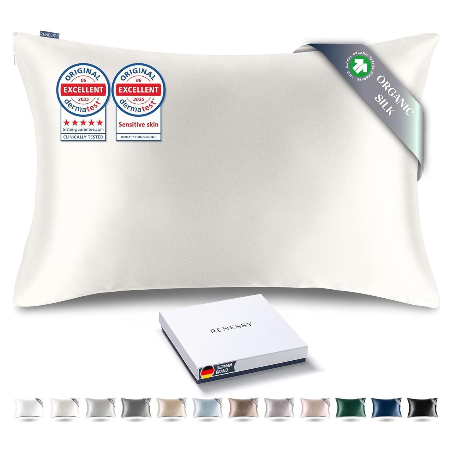 Premium Silk Pillowcase 100% Organic Mulberry Silk, 22 Momme, Grade 6A - Oeko-Tex Certified in Germany - Luxury for Hair & Skin, 1 Piece (Standard Size 20x26 Inches, Natural Silk Off-White)