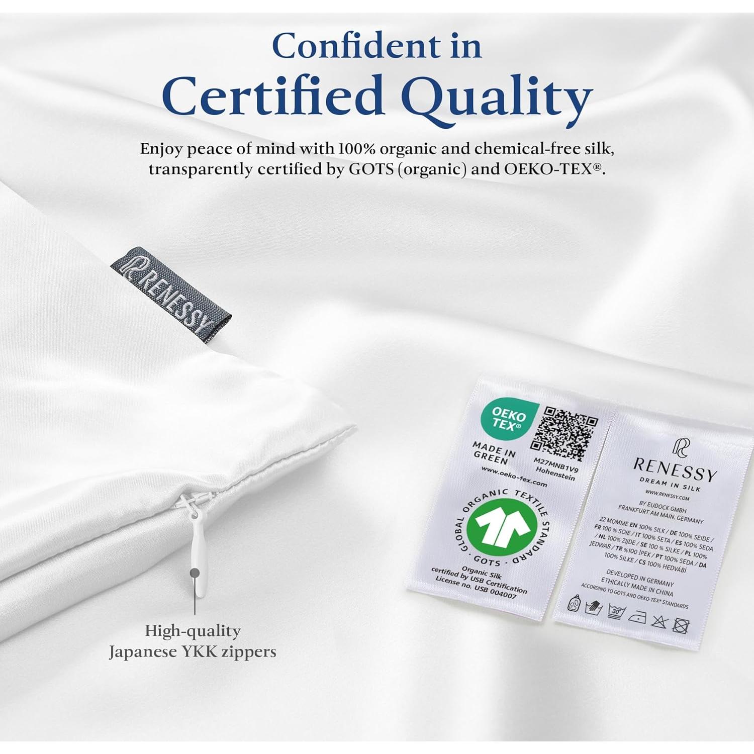 Premium Silk Pillowcase 100% Organic Mulberry Silk, 22 Momme, Grade 6A - Oeko-Tex Certified in Germany - Luxury for Hair & Skin, 1 Piece (Standard Size 20x26 Inches, Natural Silk Off-White)