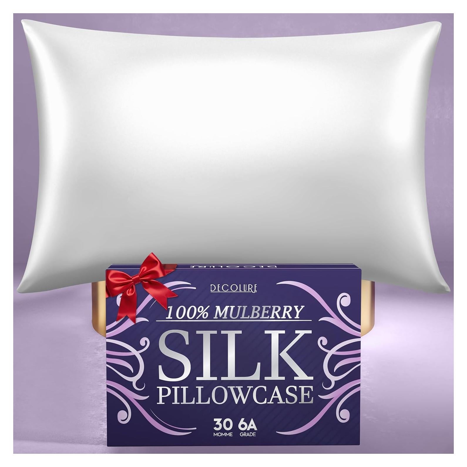 Funda de Almohada de Seda 100% Pura DECOLURE Estándar Blanco