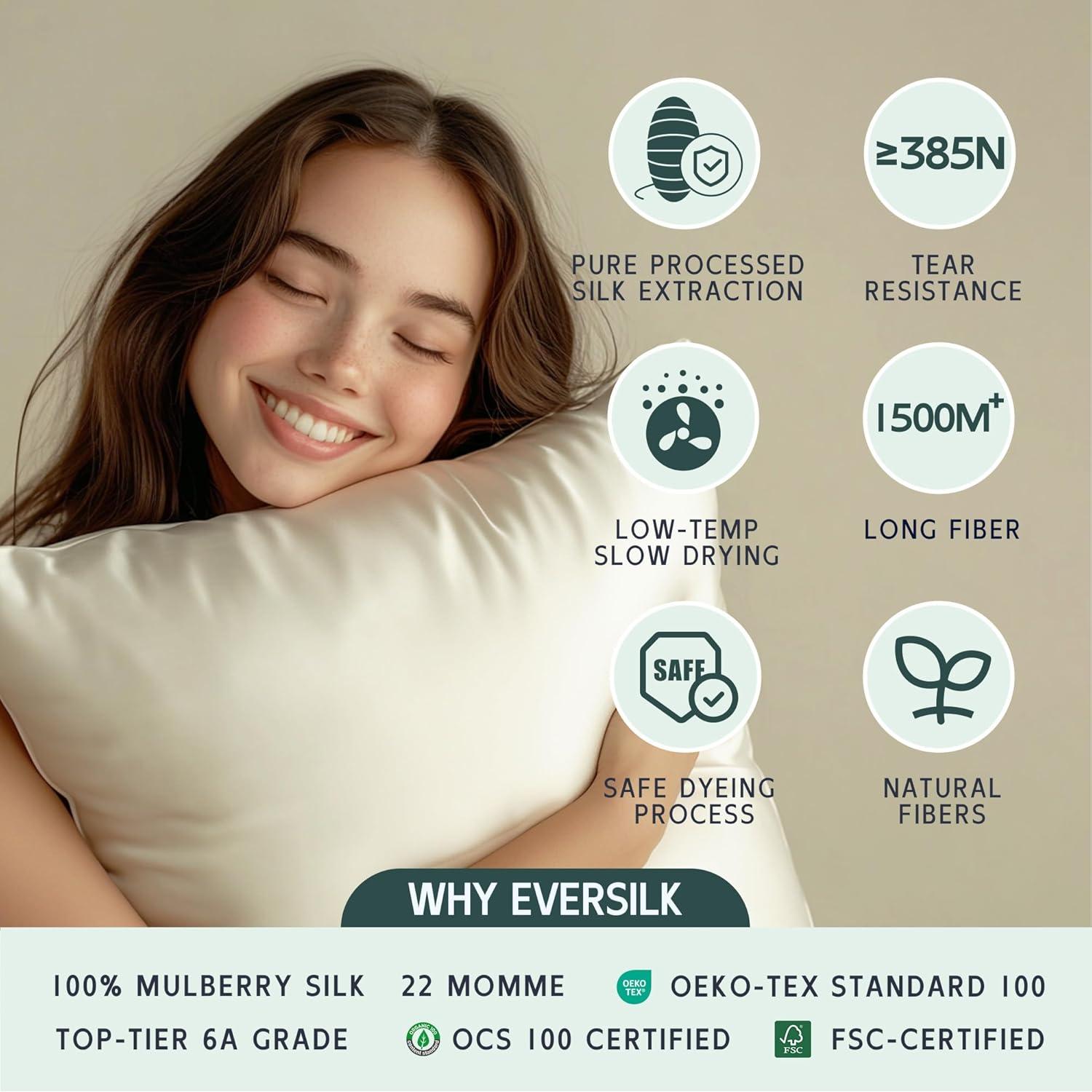 Funda de Almohada de Seda EVERSILK 100% Pura 22 Momme Estándar