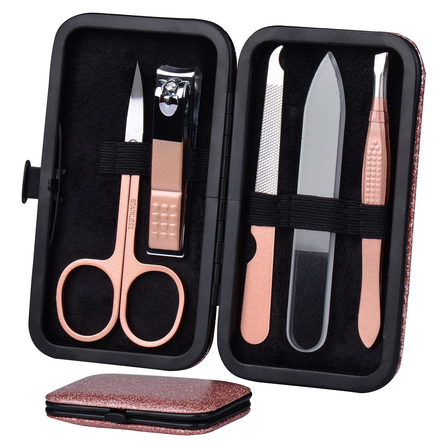 Kit de Manicura HANTEKAS 5 Piezas Acero Inoxidable Negro-Oro Rosa