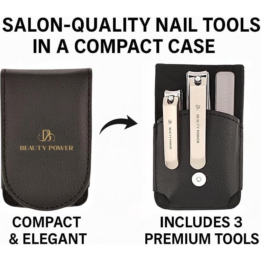 Juego de Cortauñas 3 en 1 Beauty Power - Acero Inoxidable, Estuche Negro