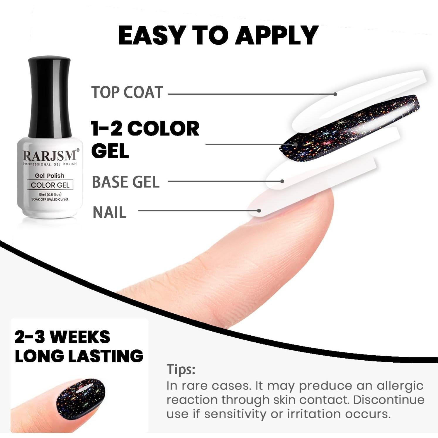 Esmalte de Uñas Gel Negro Brillante RARJSM 15ml Duradero