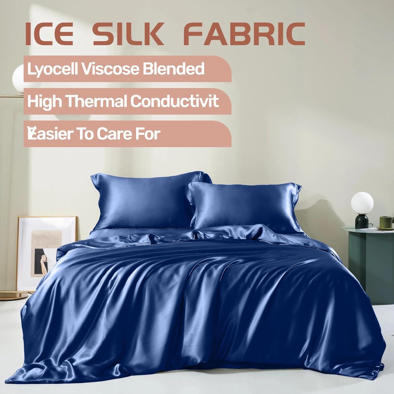 Funda de Almohada de Seda de Hielo iMAYEON 2 Piezas Queen Azul Marino