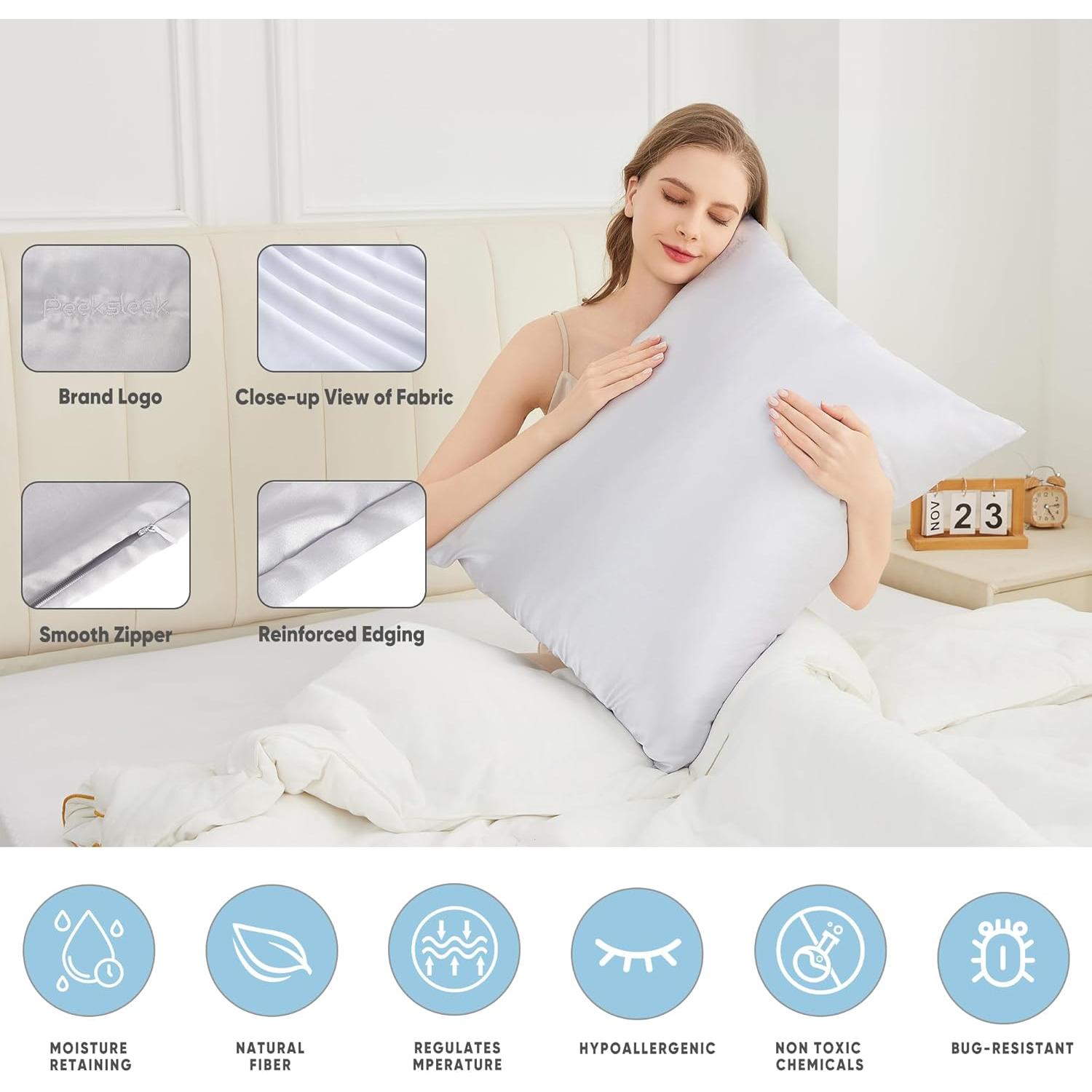 Funda de Almohada de Seda PeekSleek 100% Pura 22 Momme Reina Gris