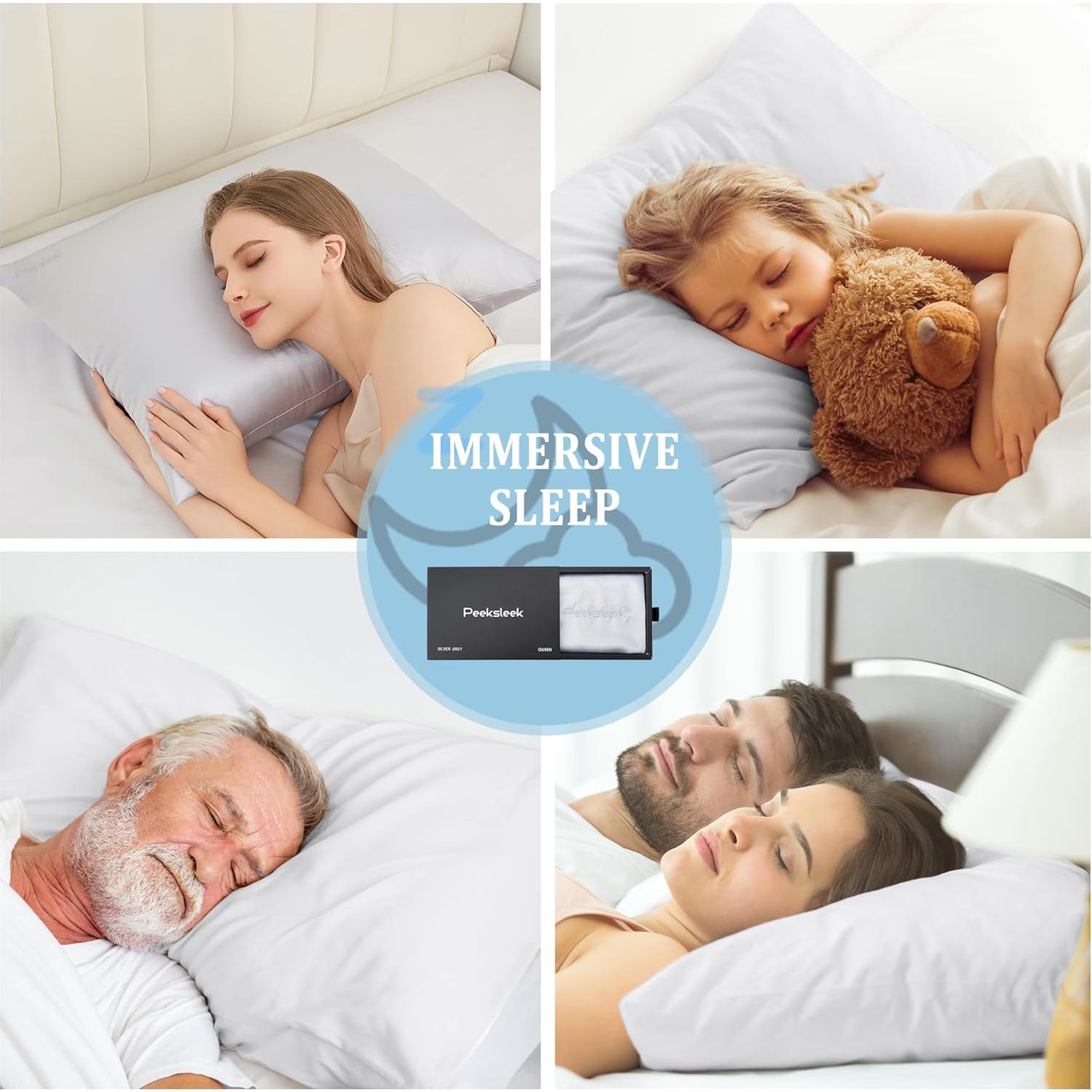 Funda de Almohada de Seda PeekSleek 100% Pura 22 Momme Reina Gris