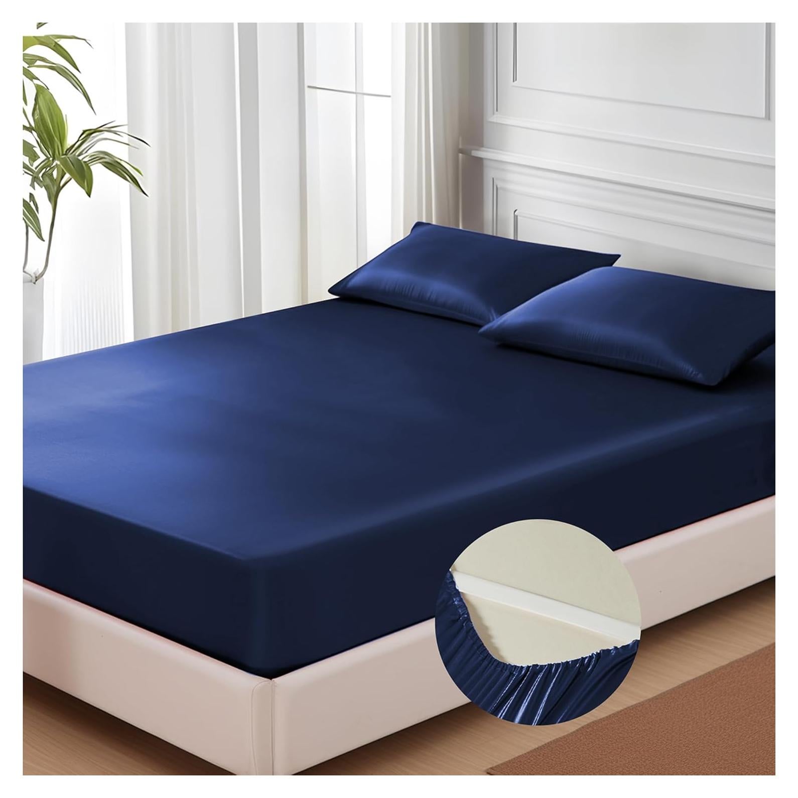 Sábana Ajustada Individual MR&HM de Satén Azul Marino 38 cm