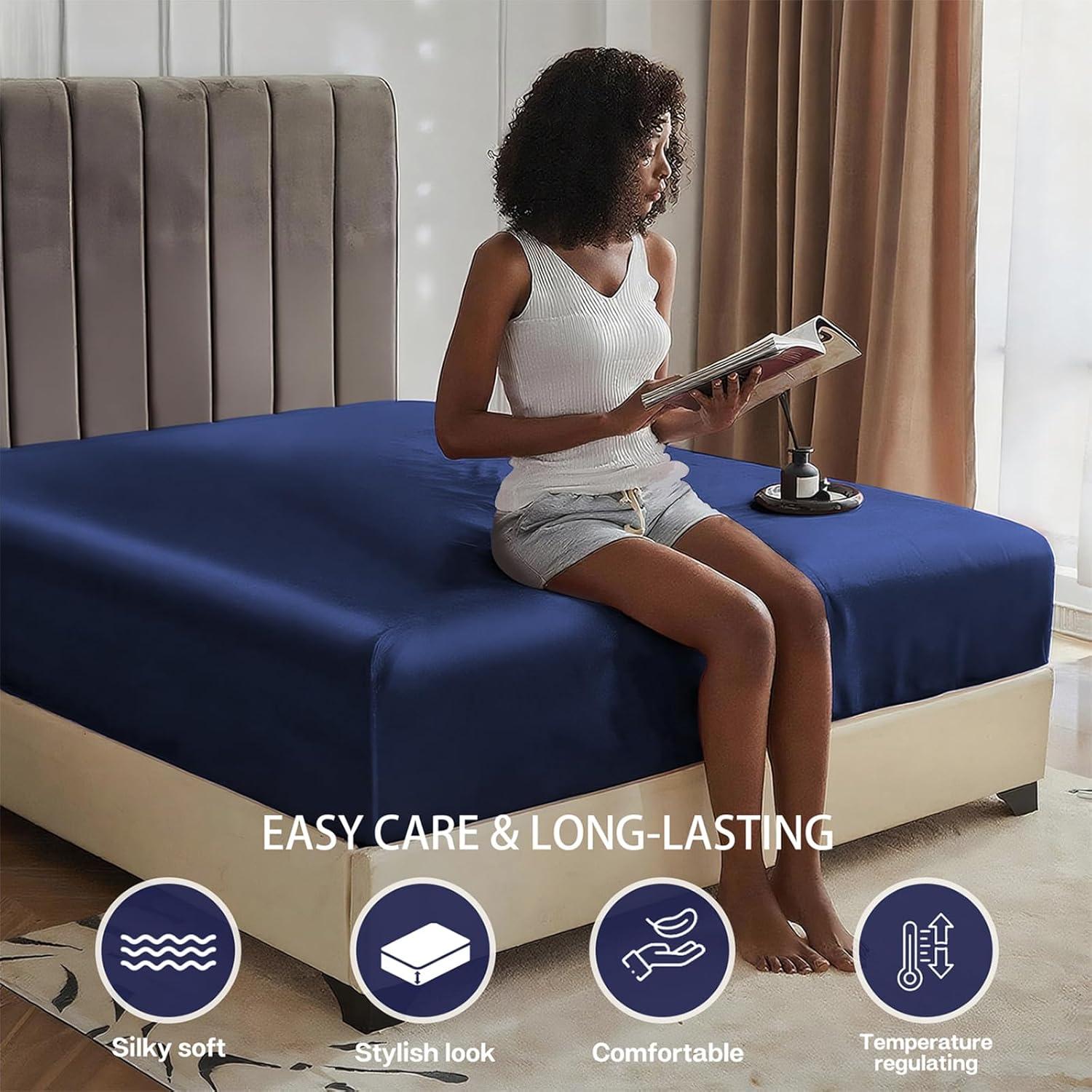 Sábana Ajustada Individual MR&HM de Satén Azul Marino 38 cm